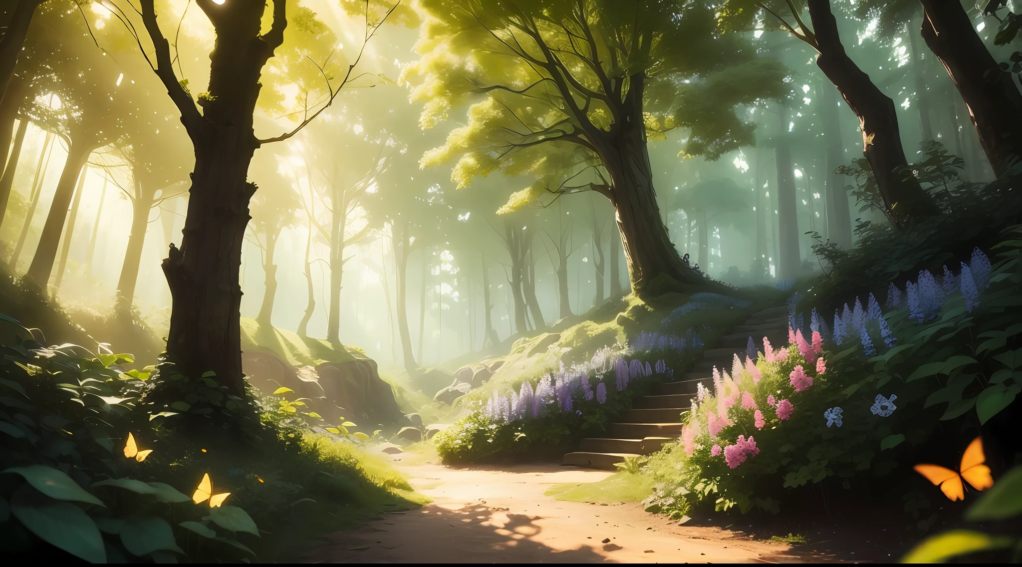 A breathtaking forest scene (((with a small hole in the ground))) near the tall tree reaching to the sky, sunlight filtering through the leaves, casting a golden glow on the forest floor. Pequenos riachos correm pelas rochas cobertas de musgo, criando um ambiente sereno. Delicate branches adorned with vibrant flowers and leaves add a touch of color to the scene. Fireflies dance in the air, seu brilho suave iluminando os arredores. The air is filled with a soft melody as butterflies flutter among the flowers. Capture este momento encantador em um intrincado, high-quality illustration, with attention to finer detail and realistic shadows. Isometric 3D rendering using Octane Render and Ray Tracing will bring this magical forest to life