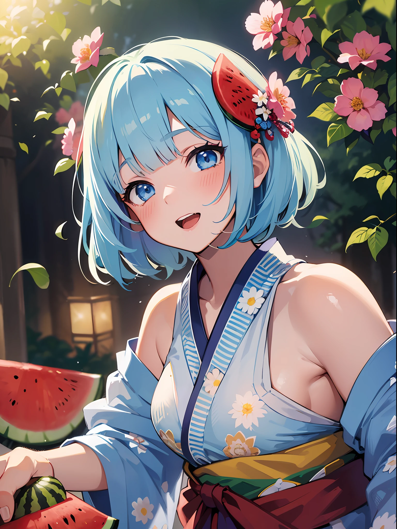 (masterpiece:1.3), (best quality:1.3), high resolution,
couboy shot,
leaning forward, body facing forward,
(one cute girl:1.3), solo,
white skin, small Breast, eight-headed person,
light blue hair, (bobbed hair:1.2), (short hair:1.2), (blunt bangs:1.2), beautiful hair, blue eyes, beautiful detailed eyes,
blush, open mouth, heart, cheerful smile,
japanese clothes, kimono,
outdoors, flower garden, natural park, (watermelon:1.2),
shadowlighting,