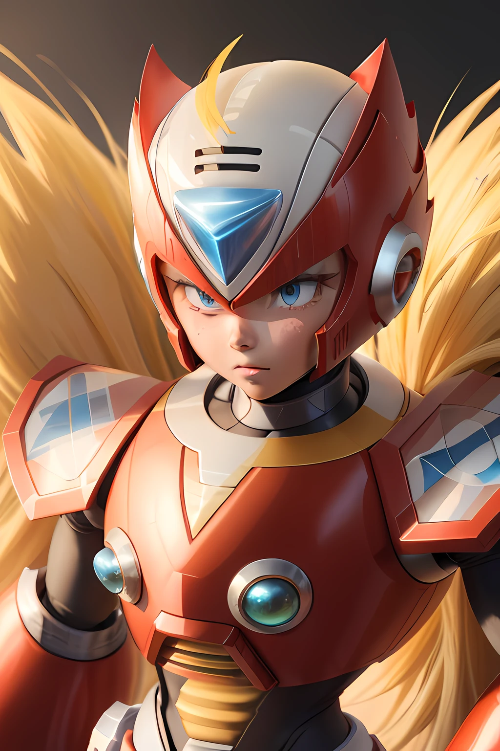 zero_Megamanx, , sozinho, olhos azuis, blonde hair, rabo-de-cavalo, cabelos muito longos, cabelos longos, capacete, android, Foco masculino, furioso, master part, alta qualidade, bem forte