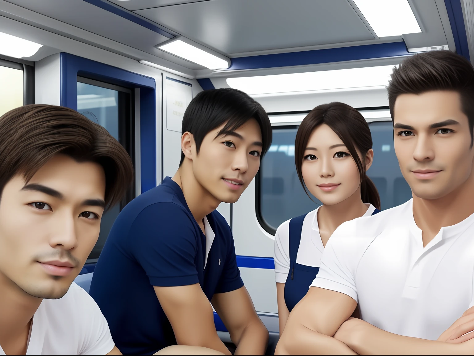 realisticlying, best qualtiy, tmasterpiece, 3 people, Delicate eyes, Detailed face, Inside a Japanese train, Single mature male, tall muscular guy, lbeard, fireman, Female physical education teacher