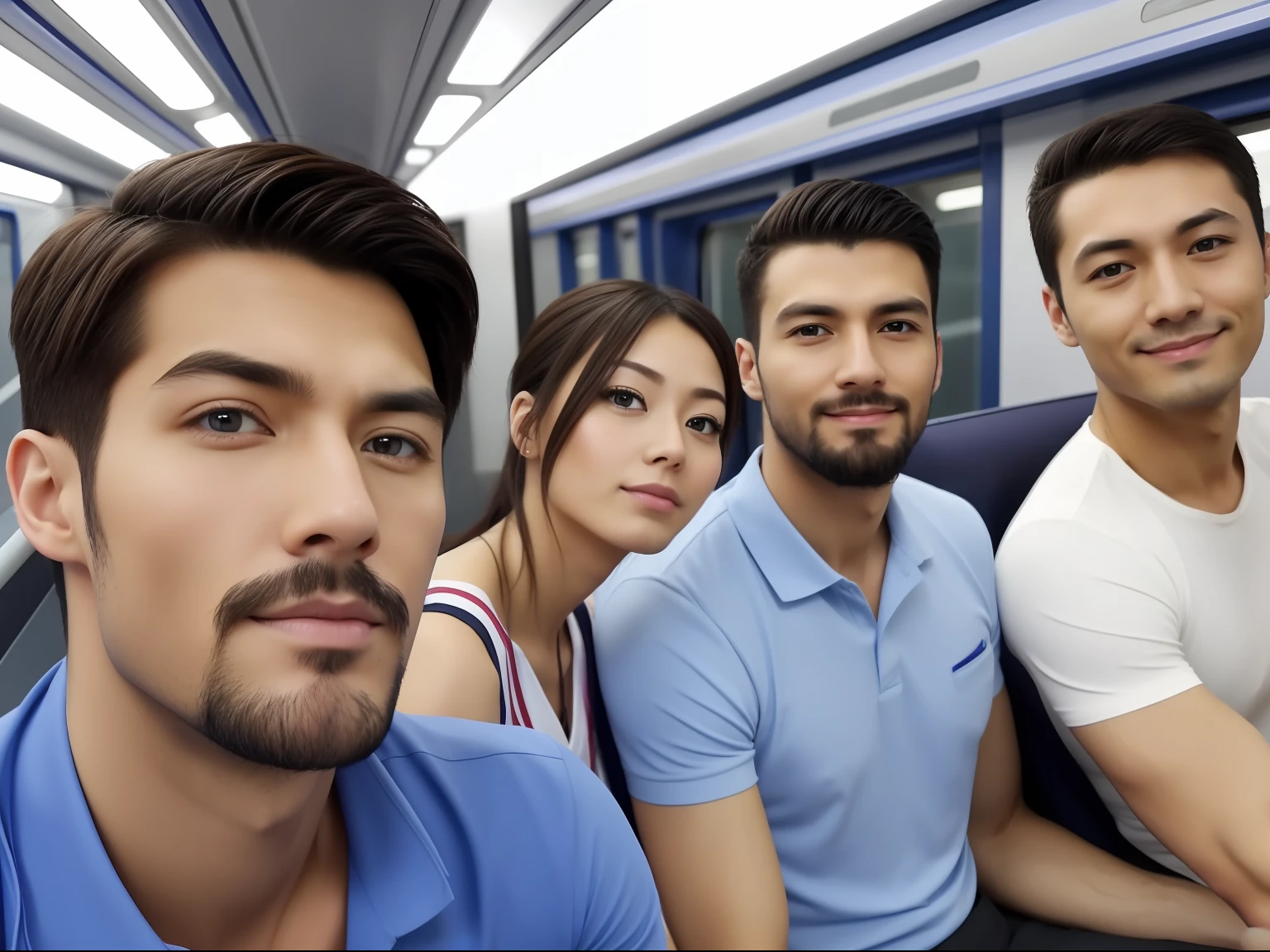 realisticlying, best qualtiy, tmasterpiece, 3 people, Delicate eyes, Detailed face, Inside a Japanese train, Single mature male, tall muscular guy, lbeard, fireman, Female physical education teacher