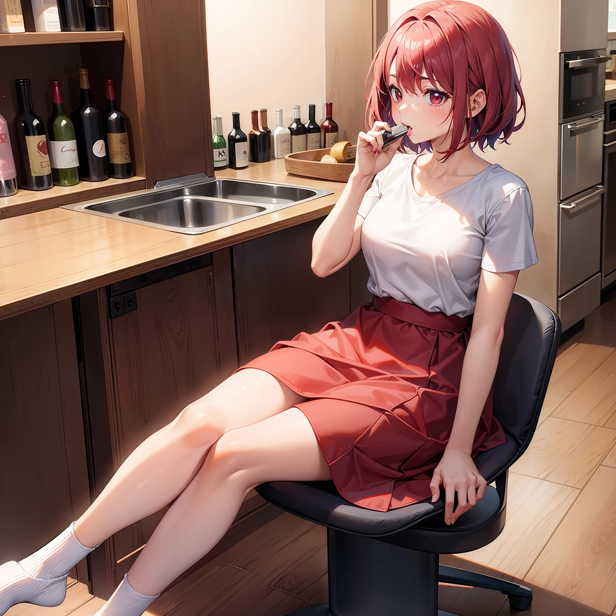 1 girl, Genius child actor licking baking soda, gradient bob in the forward, wine red hair, wine red eyes