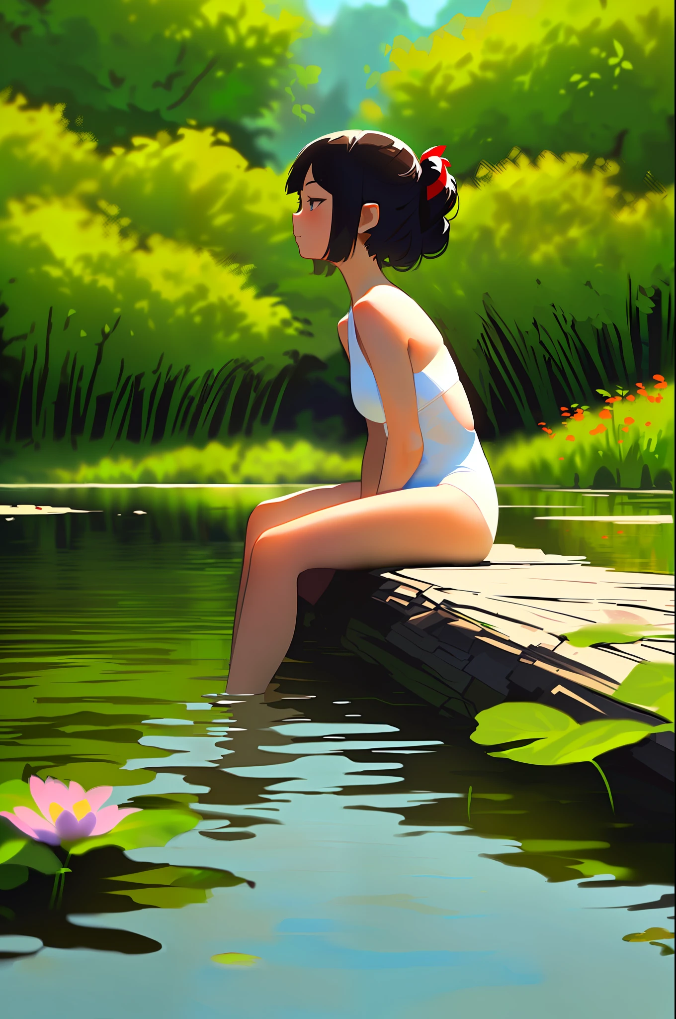 A woman dressed in a white swimsuit sitting on a leaf in a lake surrounded by trees and flowers, arte conceitual relaxante, por Li Song, por Yang J, a beautiful artwork illustration, serene illustration, natureza anime, anime exuberante john 8k madeiras, por Goro Fujita, Directed by: Atey Ghailan, natureza anime wallpap, arte de fundo, Atey Ghailan 8 K, Arte Lofi --auto