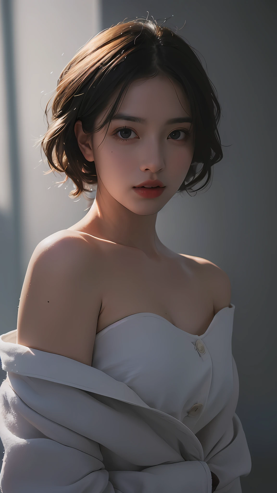 Best quality, masterpiece, ultra high res, (photorealistic:1.5), raw photo, 1girl, offshoulder, in the dark, deep shadow, low key, cold light, sexy look, short hair