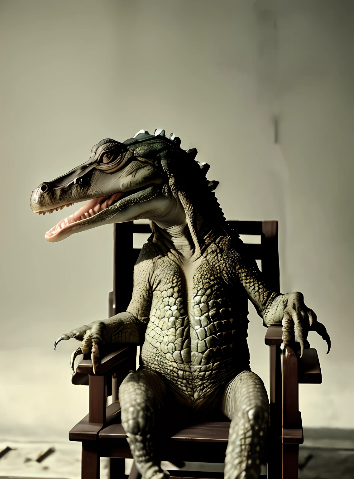 corrigir a cadeira, make the head more like that of an alligator, correct out-of-place fingers on the hands, melhorar a imagem e deixara mais fotorrealista