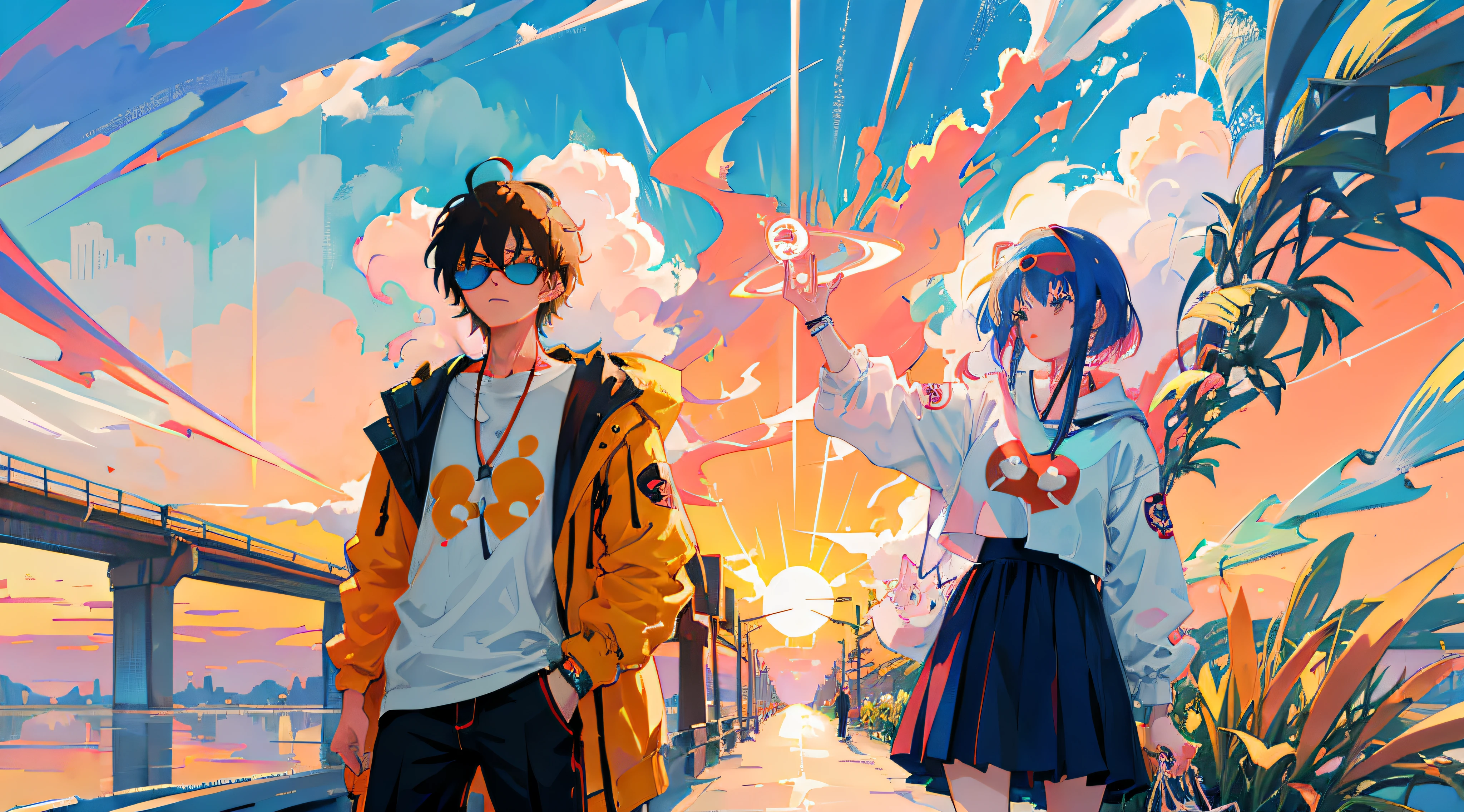 Anime couple wearing sunglasses standing side by side, mirai nikki, 1980's anime style, In anime style, very modern anime style, 8 0 s anime style, author：New Art, Epic anime style, very anime style, modern anime style, anime style only, in an anime style, 9 0 s anime style, 90's anime style