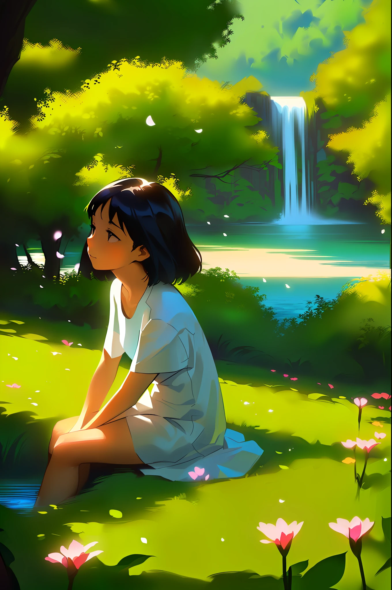 A woman dressed in a white swimsuit sitting on a leaf in a lake surrounded by trees and flowers, arte conceitual relaxante, por Li Song, por Yang J, a beautiful artwork illustration, serene illustration, natureza anime, anime exuberante john 8k madeiras, por Goro Fujita, Directed by: Atey Ghailan, natureza anime wallpap, arte de fundo, Atey Ghailan 8 K, Arte Lofi --auto