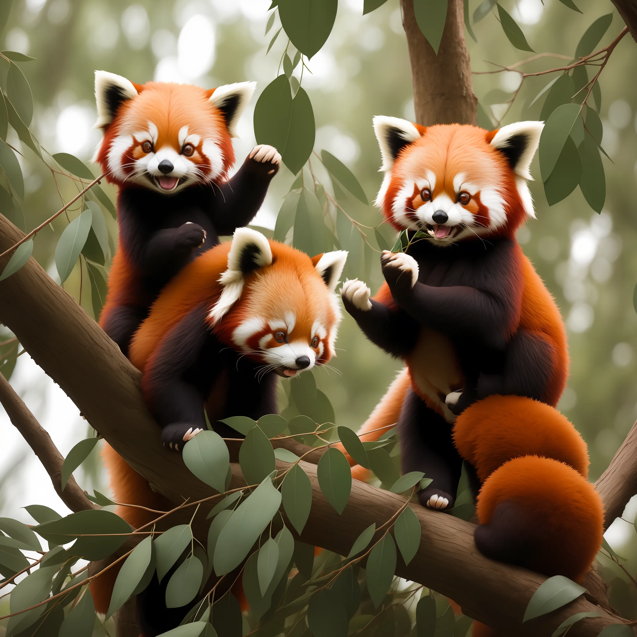 Cute red panda parent and child、Eating the leaves of eucalyptus trees