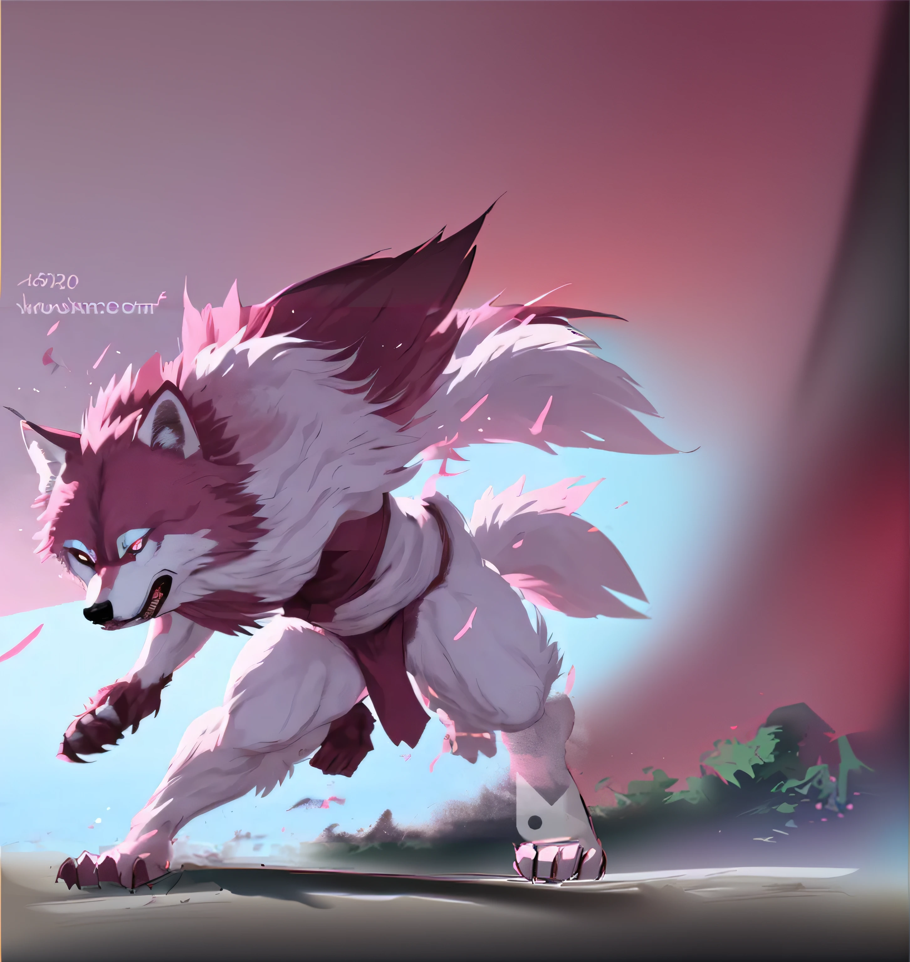 Close up of running cartoon wolf on pink background, fox nobushi, very very beautiful furry art, furry fantasy art, furry art, furry art!!!, inspired by Nōami, koda kazuma, Furry wolf, anthropomorphic wolf, anthropomorphic wolf, fursona art, pink fox, by Nōami