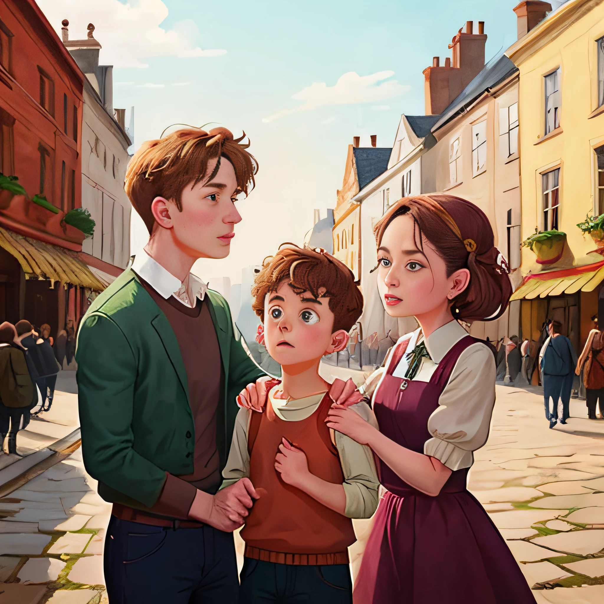 Luke in the square , Embraced with his father and mother