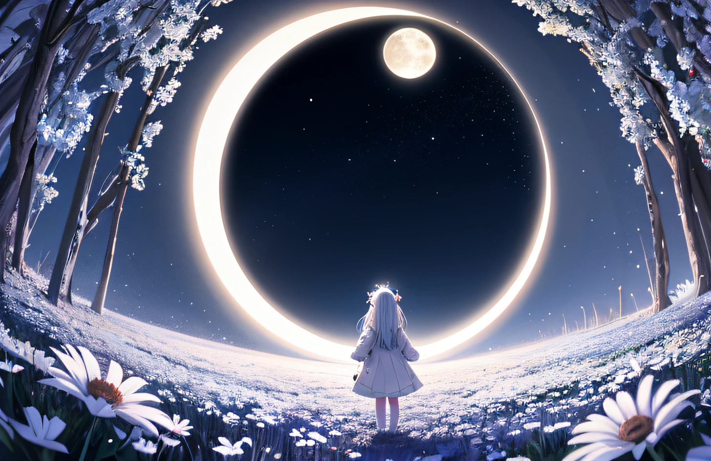 Rear view of a young girl with white hair in the center white clothes a moon Blue light flower field natta Blue butterfly More backgrounds Girls are small