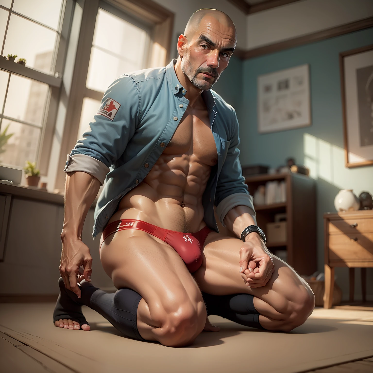 45 yers old，Guardiola，Tong，Bulge，onbed，black long socks，the feet，lbeard，fortitude，artwork of a，tmasterpiece，k hd，an look of enjoyment，red panties，Kneeling