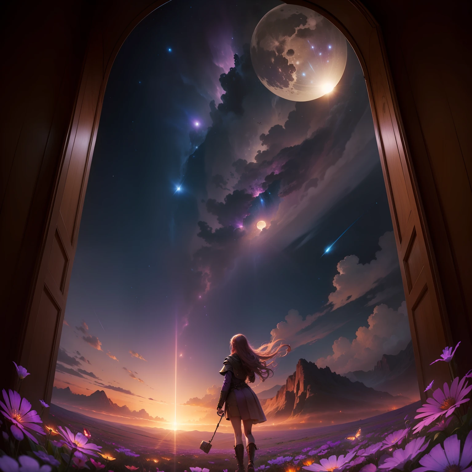 expansive landscape photograph , (a view from below that shows sky above and open field below), a girl standing on flower field looking up, (full moon:1.2), ( shooting stars:0.9), (nebula:1.3), distant mountain, tree BREAK
production art, (warm light source:1.2), (Firefly:1.2), lamp, lot of purple and orange, intricate details, volumetric lighting BREAK
(masterpiece:1.2), (best quality), 4k, ultra-detailed, (dynamic composition:1.4), highly detailed, colorful details,( iridescent colors:1.2), (glowing lighting, atmospheric lighting), dreamy, magical, (solo:1.2)