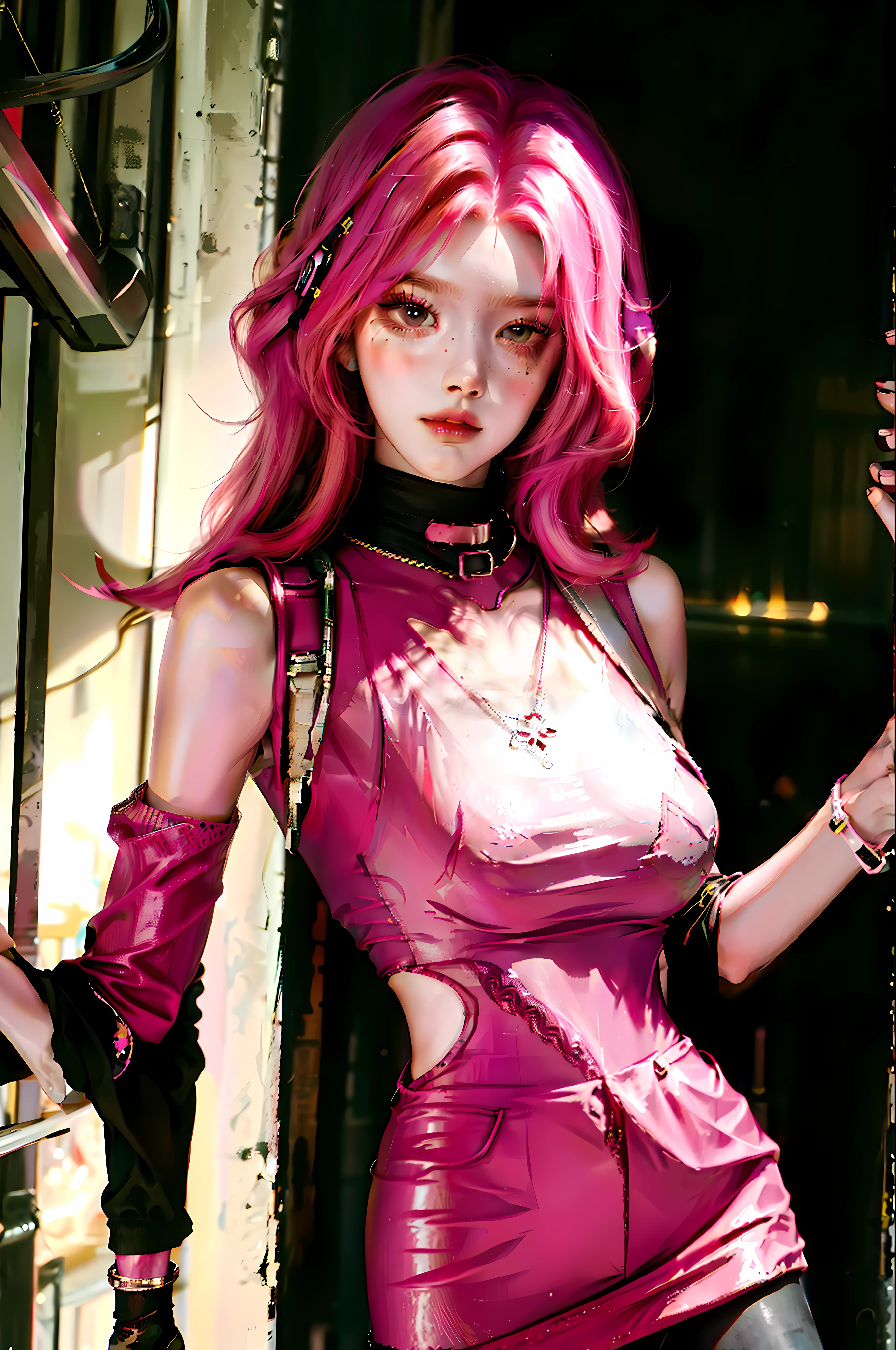 Saunt, cyberpunk, long legs, tights, red-pink hair, big breasts, 36D tall figure