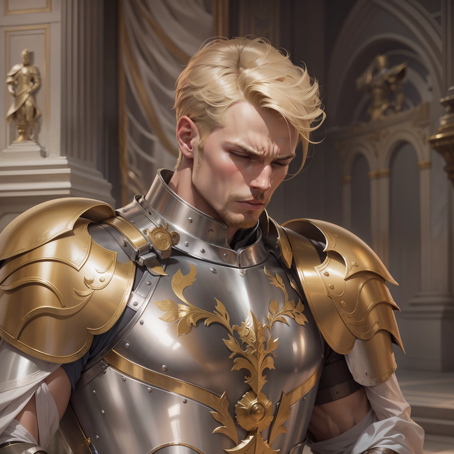 realistic image of blond man with short hair, 30s, tall, strong, eyes rolled back in their sockets, expression of pain, dressed in silver armor torso and golden shoulder pads, hunched over, scene of a large hall in a royal palace