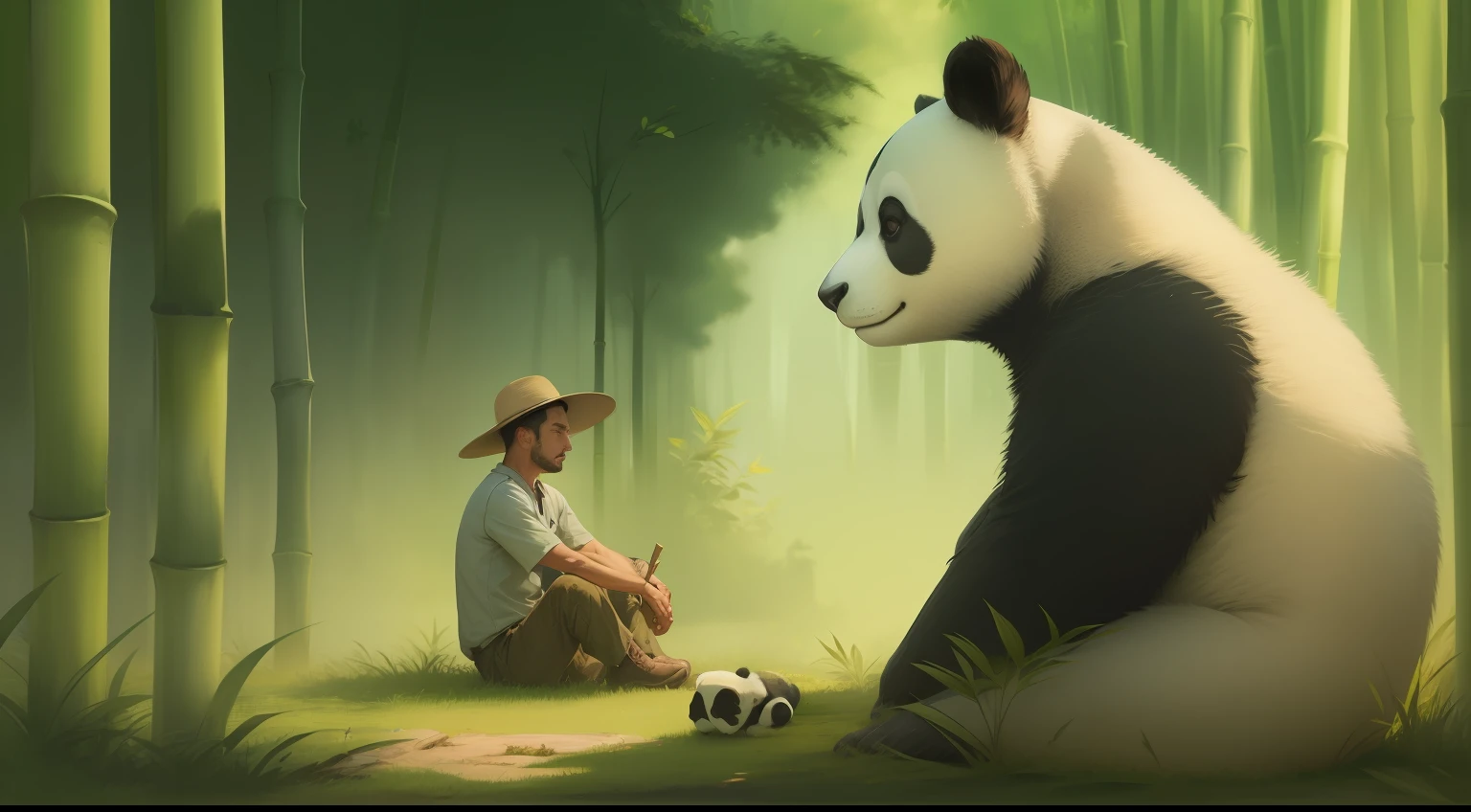 Farmer man sitting on the grass with a panda in front of him in a bamboo forest