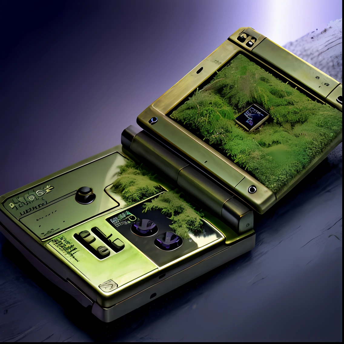 ((Antique style))、((Mossy game consoles))、Future dystopia, wwone,epicd、reallistic、((Apocalypse))、Aboned、Neutral Color、Game Boy Advance SP、Purple Game Design,The background is unified in a solid color、The ultra-detailliert, 8k, depth of fields, hight resolution