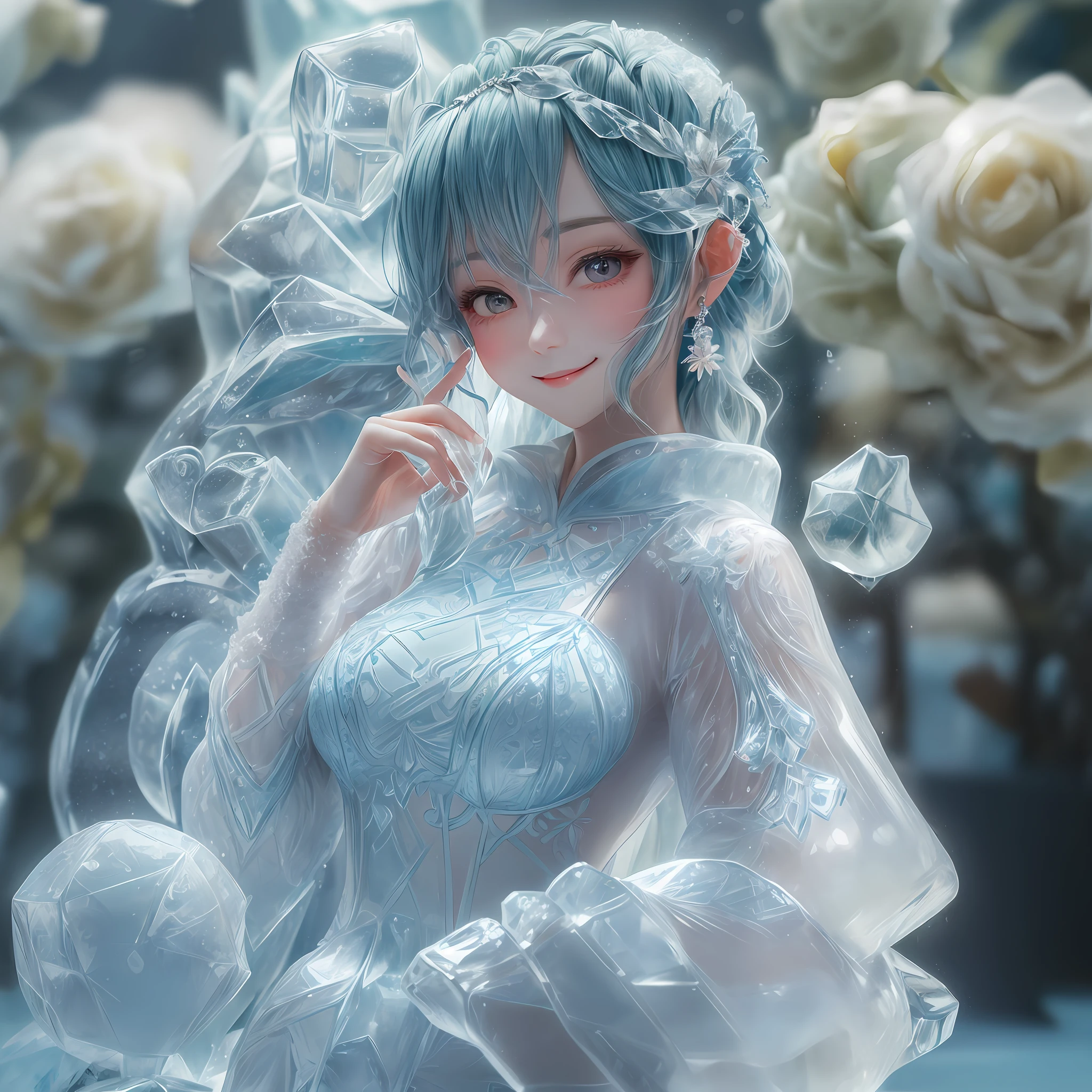 (ice sculpture:1.4),cinematic angle,(Cute Ice made Girl,anatomically correct,full body, Masterpiece Ice Sculpture camellia,Masterpiece Hanfu,smile),(Best quality, high detailed, Masterpiece, Cinematic Lighting, 4K)