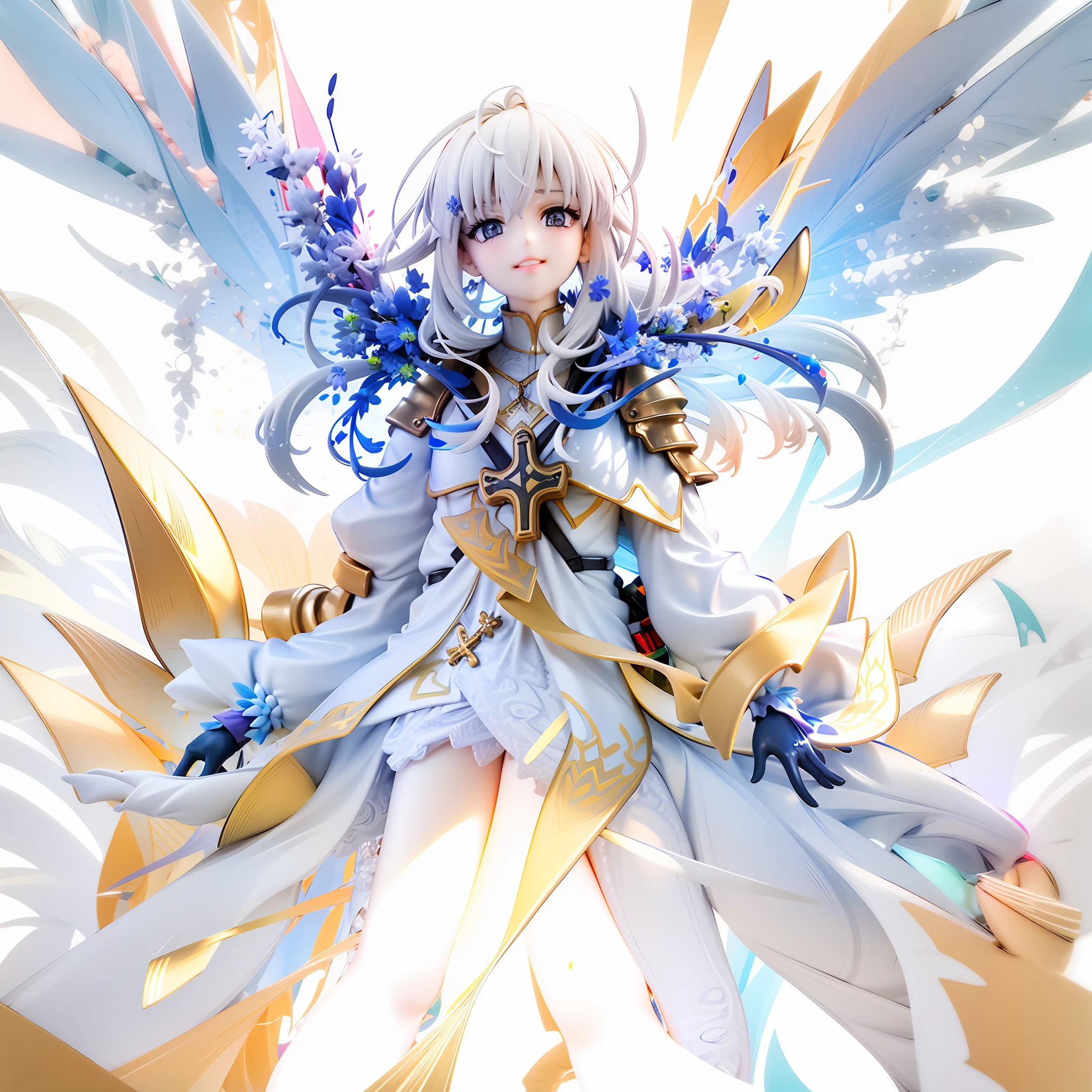 1girl, beautiful eye, smile, guardian of the holy cross, steadfast and serene expression, white and gold knight armor with cross emblem, reflective armor engraved with holy symbols, silver hair, long straight, shoulder length, deep blue eyes, holding a cross-shaped sword aloft, standing with a dignified posture, background of a sky ablaze with fighting spirit, gleaming cross on the chest plate, sunlight reflecting off the armor, shadows defining the contours of her face, strong yet gentle grip on the sword, faint blush on her cheeks indicating her determination, wind blowing through her hair, silver hair strands glowing with reflected light, gold accents on her armor sparkling, radiant light streaming down from the sky, holy aura surrounding her figure, steadfast gaze focused on the horizon, lips set in a firm line, symbol of the cross glowing on the background, wings of light manifesting from her back, feeling of unwavering faith and determination, hope, valor, bravery, purity, light shining through clouds above, contrasting the serenity of the scene with the intensity of her determination, end of scene with a sense of awe and respect for her resolve,