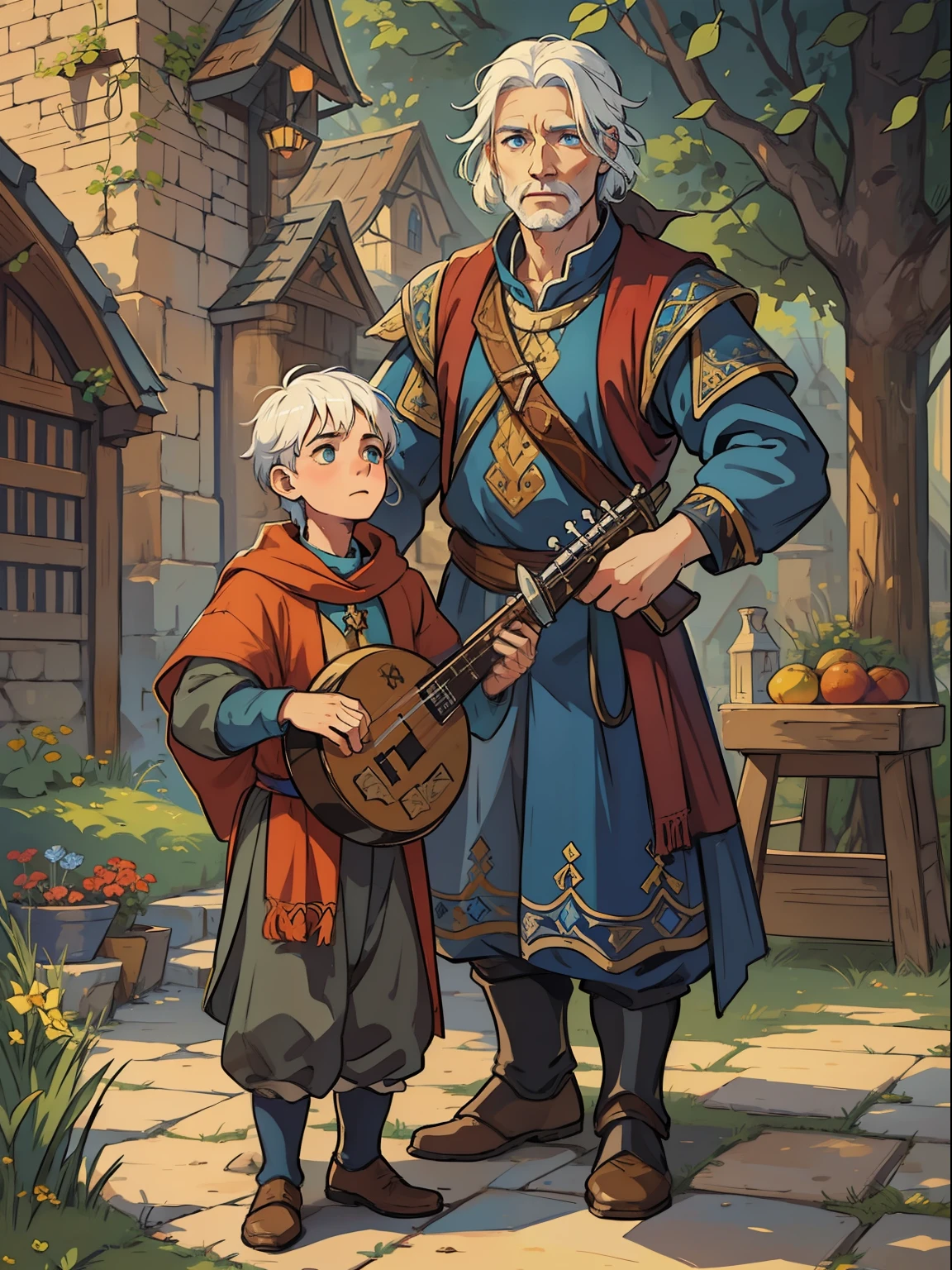 A man and a boy father and son with white hair and blue eyes, this man is 45 years old and is a bard of the medieval era wearing colorful clothes of artist holding a lute a medieval bard medieval art for rpg art for rpg a bard and his son father and son bard