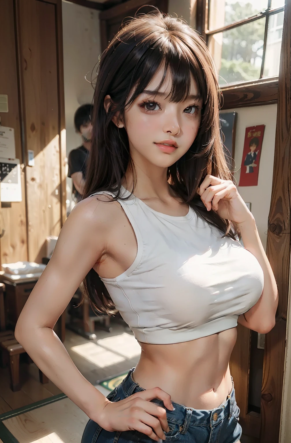 top-quality、​masterpiece、超A high resolution、(Photorealsitic:1.4)、Raw photo、女の子1人、Brown hair with bangs、drooing eyes、thin-waist、Colossal tits、Japan girl gym clothes、gymnasium background、slim figure、Light smile with visible teeth