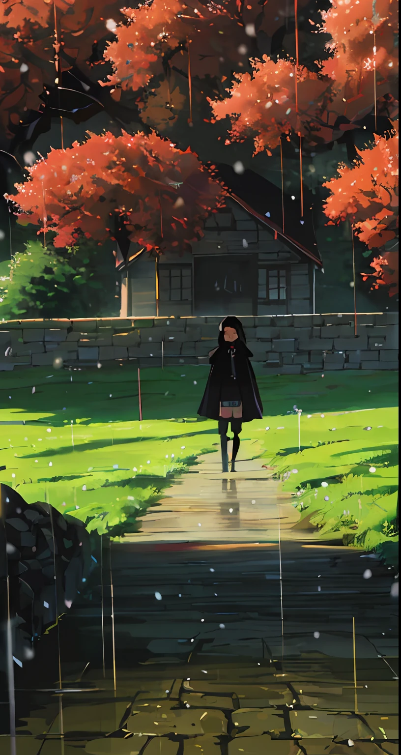 a 1girl, 独奏, snowing, hairlong, hood, fire, exteriors, brown-hair, knee boots, The Old House, from on the side, a tree, ivy, cloak, fuzzy, hood up, woods, gloves, Nature, brown eye, red gloves, squat sitting, closed mouth, Hooded raincoat, Early autumn, Depth of field, black footwear, gray cloak, To convey depth, Emotions and striking visual impact. Landscapes."street fighter", in the style of 0MIB