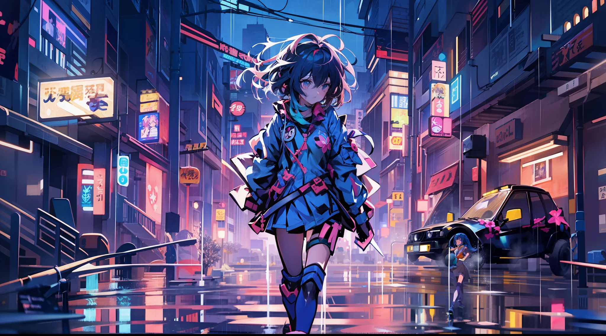 Anime girl walking down street in rain at night,, in the art style of 8 0 s anime, the anime girl is running, ' ramona flowers ', cosmic girl, style of anime4 K, 8 0 s anime art style, Praise Artstyle, official fanart, Anime style illustration
