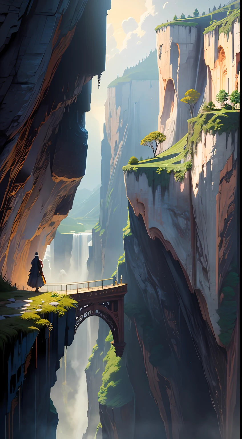 Movie, Relaxation Concept Art, Very Detailed Multiplayer Scene Interactivity, (Man), Woman, Beautiful Artwork Illustration, Detailed Landscape, Highly Detailed Scene, Environmental Design Illustration, Nature, Center Epic Building, Warmth, Night Glow, Original, HDR, (Cliff, Waterfall, Abyss, Rock, Cliff Edge House:1.3), Movie, Slate Grey, Dramatic Light, Architecture, Man Woman, Post-Impressionism, Key Vision, Biophilic Tanzania Bridge, At Twilight, Hair Light, Hearthstone artwork, Unreal Engine