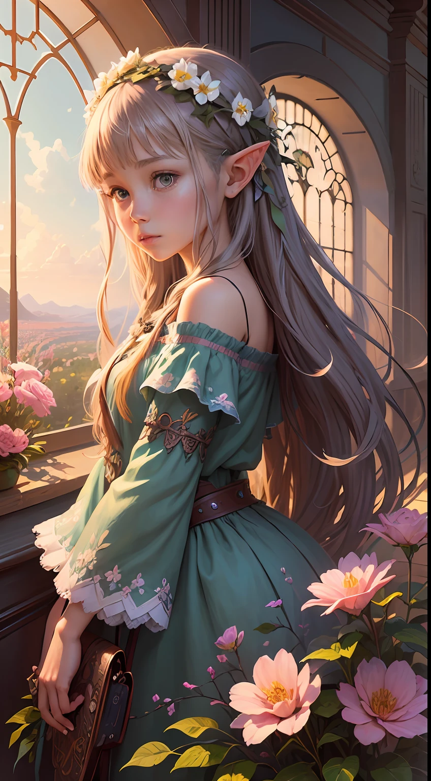 There is a digital painting,A girl with flowers in her hair, Deviantart ArtStation CGSCOSIETY, digital fantasy art ), Fantasy art Behance, hyperrealistic fantasy art, Beautiful digital artwork, Elf Girl, Realistic fantasy illustration, detailed fantasy digital art, flod, digital fantasy art, Beautiful digital illustration, Realistic fantasy artwork, stunning digital illustration