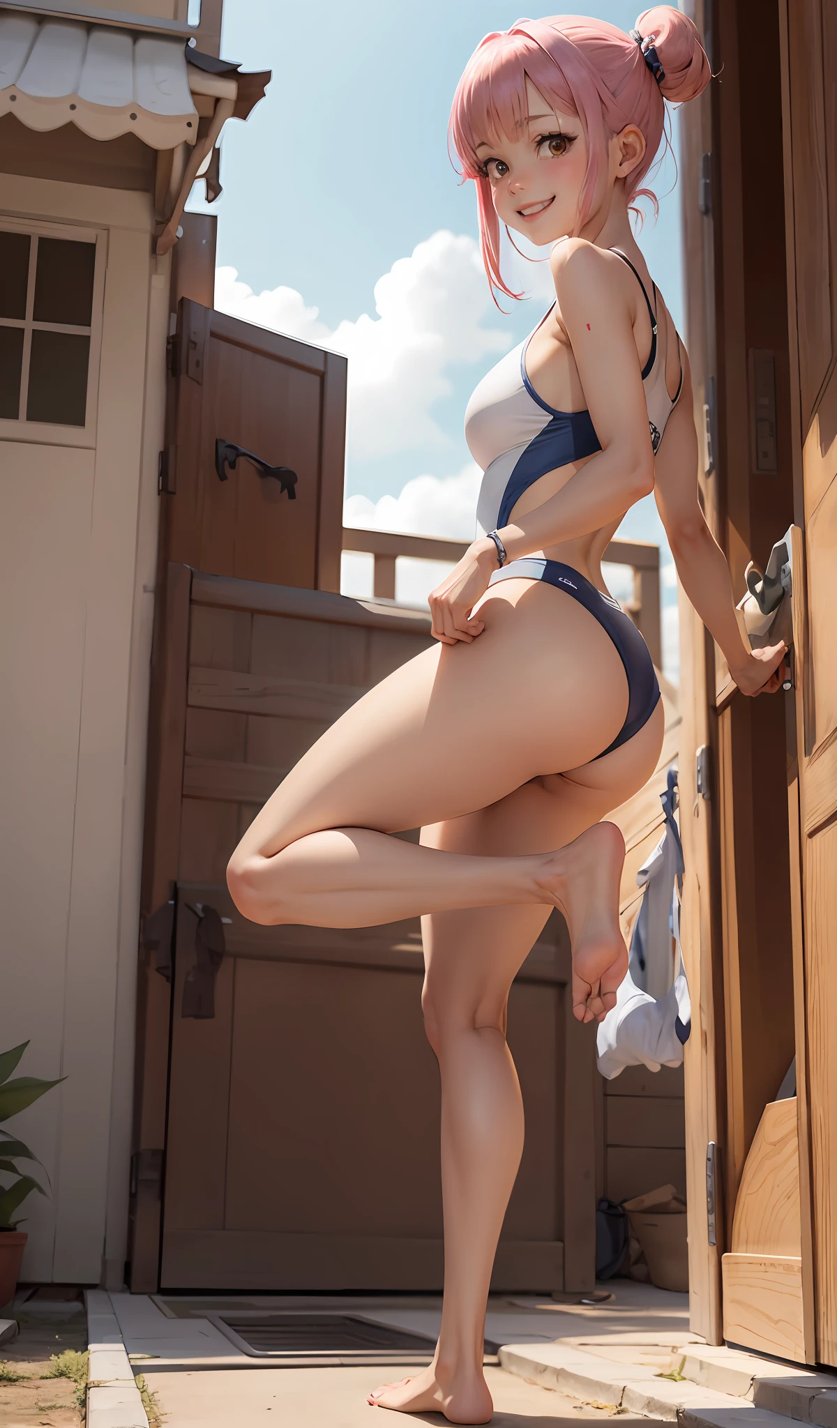 anime, Sakura Card Captain, ((melhor qualidade)), ((best resolution)), 2Menina, Sakura e tomoyo, vestindo, white swimsuit, bordas amarelas, bswimsuit, standing on her feet, olhando o espectador, sorrindo,