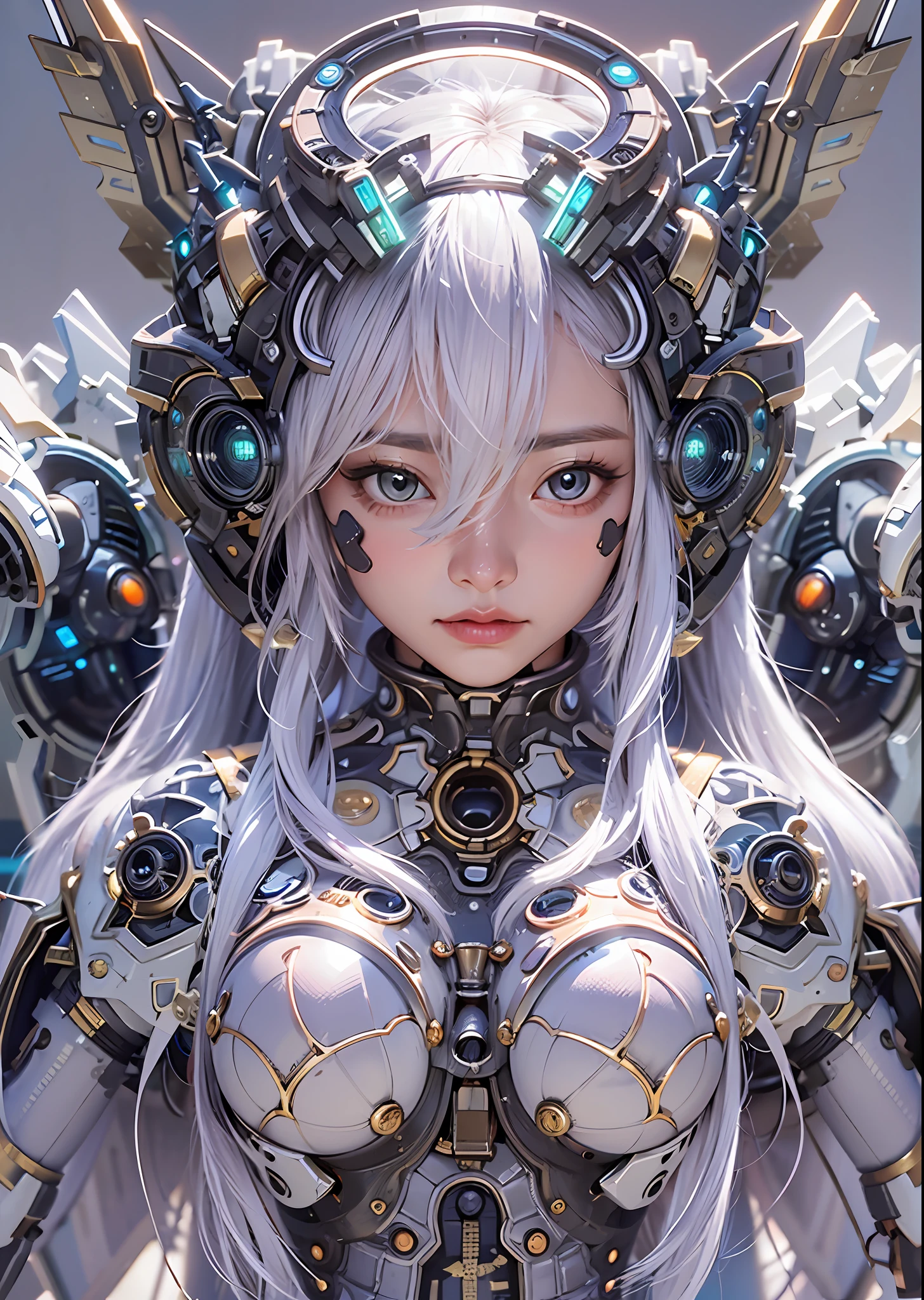 top-quality、​masterpiece、超A high resolution、(Photorealsitic:1.4)、Raw photo、Steampunk Battle Cyborg Angel、large wings made of metal、White porcelain body、Acrylic Clear Cover、white  hair、glowy skin、1 Cyborg Girl、((super realistic details))、portlate、globalillumination、Shadow、octan render、8K、ultrasharp、character edge light,Colossal tits、Raw skin is exposed in cleavage、Details of complex ornaments、Sumerian details、Hydraulic cylinder、Small LED lamp、highly intricate detail、Realistic light、a purple eye、radiant eyes、Facing the camera、neon details、cowboy  shot、Futuristic headgear、About Cyberpunk、、