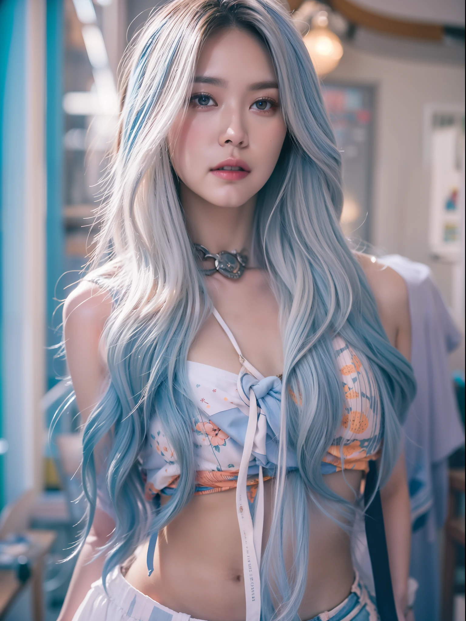 (RAW photos,4K,tmasterpiece,A high resolution,extremly intricate)(realisticlying:1.4),cinematic lighting
1girl, Single focus, Summer noon, thermography, 2000s\(styled\), cowboy lens, inside in room,long whitr hair,Hair gradient blue