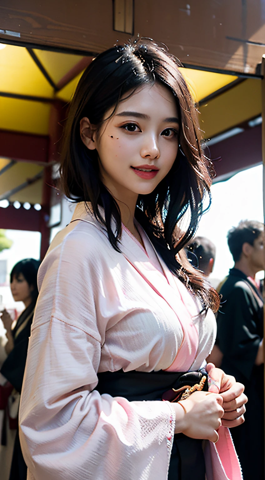 best qualtiy、masterpiece、photoRealstic、intricate-detail、Raw foto、Photon Rendering、Octane Rendering、absurderes、ultra-detailliert、A detailed face、Detailed skin、Trending in art stations、8K Masterpiece、lighting like a movie、( (1girl in))、((独奏) ))、CG Social Trends、Plastic En、((Black Long Hair))、((Beautuful Women))、(A smile)、Upper teeth、Fashionable、Hair that flutters in the wind、((Flowing hair))、fashion magazine、((A sexy))、((lighting like a movie)、((indirect lighting)、、(ssex)、Grinning、(View from a distance)、((Festival of Japan))、Pink kimono、