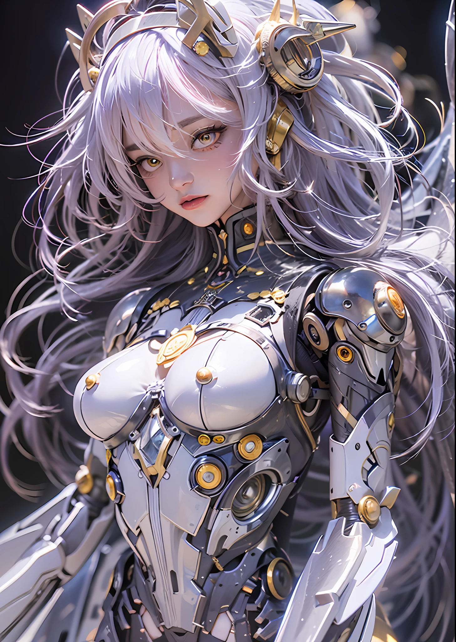 top-quality、masterpiece、超A high resolution、(Photorealsitic:1.4)、Raw photo、Steampunk Battle Cyborg Angel、large wings made of metal、White porcelain body、Acrylic Clear Cover、white hair、glowy skin、1 Cyborg Girl、((super realistic details))、portlate、globalillumination、Shadow、octan render、8K、ultrasharp、character edge light,Colossal tits、Raw skin is exposed in cleavage、Details of complex ornaments、Sumerian details、Hydraulic cylinder、Small LED lamp、highly intricate detail、Realistic light、a purple eye、radiant eyes、Facing the camera、neon details、cowboy shot、Futuristic headgear、About Cyberpunk、、