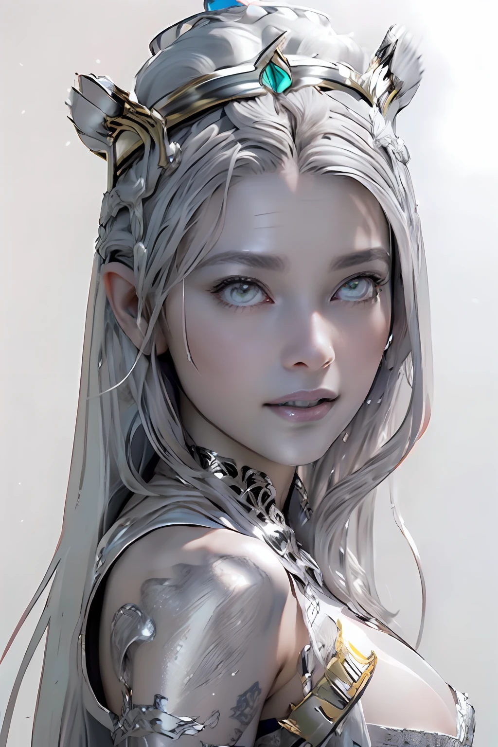 Ultra-detailed complex 3D rendering of the face, (masterpiece, top quality, octane rendering,), glamour shots full body image, very beautiful young elves, cleavage, (highly detailed skin: 1.2), (exposure: 1.1), ((blue micro bikini: 1.95)))). , 8k, (((very soft breasts)), (((conspicuous large pink areola)), beautiful Caucasian woman with white skin with full soft breasts with big buttocks, one, long braided hair, big breasts, dynamic angles, (((huge breasts: 2.4)), ultra-realistic photos, ((((((silver hair)))), futuristic urban background, facial muscles, (((((detailed and glamorous silver crown)))), In the style of Marvel Comics, ArtStation Trends, Clear Focus, Intricate Details, Very Detailed, Detailed Green Eyes, Sharp Focus, Digital Rendering, Professional, Abs, Lip Gloss, Glossy Skin, Sexy Pose, Golden Tattoo All Over Body, Silver Pattern All Over Body, Silver Lame Skin, Gold Glitter Skin, Mansuji, Buttocks, Jeweled All Over the Body, with silver scales, silver hair,