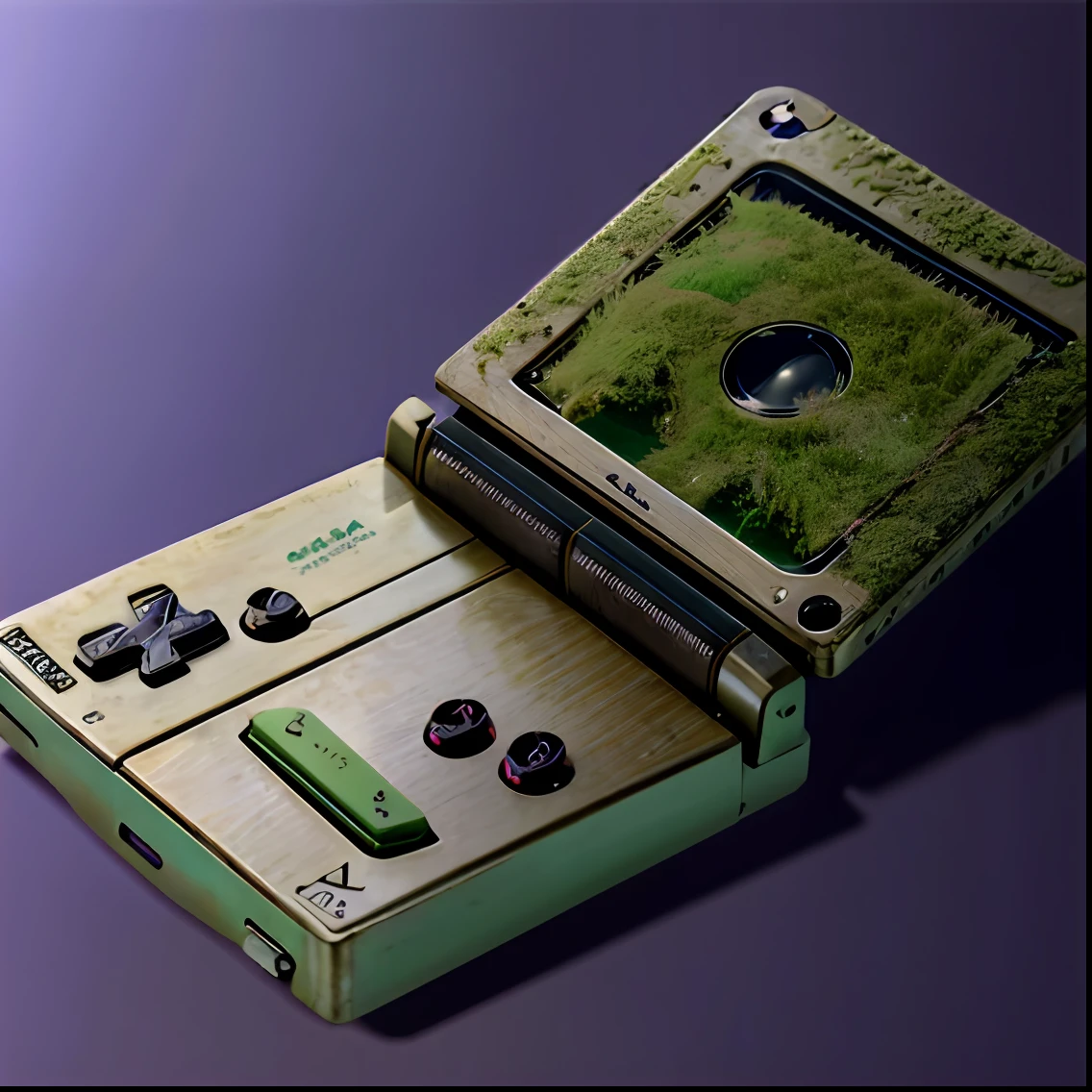 ((Antique style))、((Mossy game consoles))、Future dystopia, wwone,epicd、reallistic、((Apocalypse))、Aboned、Neutral Color、Game Boy Advance SP、Purple Game Design，The background is unified in a solid color、The ultra-detailliert, ８ｋ, depth of fields, hight resolution