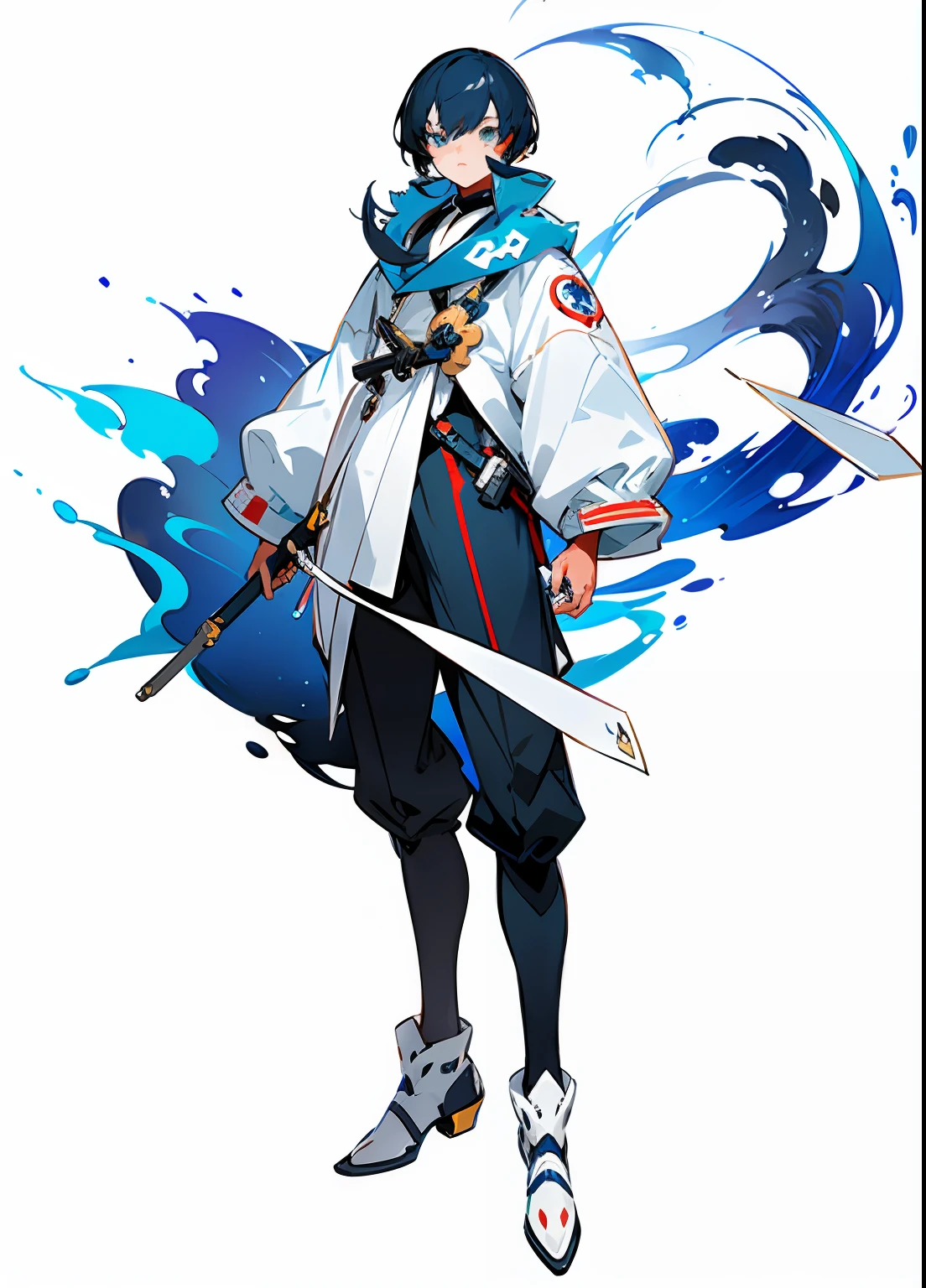 Anime characters with sword and white jacket, official character art, official character illustration, style of duelyst, Character artwork, ( ( concept art of character ) ), Brave character, merged character, Official concept art, full body concept, lunar themed attire, interesting character design, very stylized character design, full body character concept, anime style character, Full character