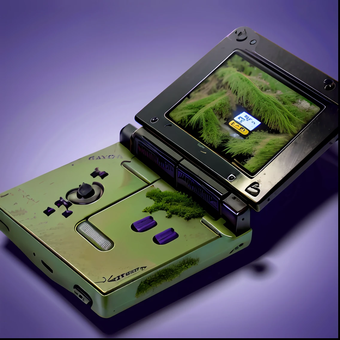 ((Antique style))、((Mossy game consoles))、Future dystopia, wwone,epicd、reallistic、((Apocalypse))、Aboned、Neutral Color、Game Boy Advance SP、Purple Game Design,The background is unified in a solid color、The ultra-detailliert, 8k, depth of fields, hight resolution