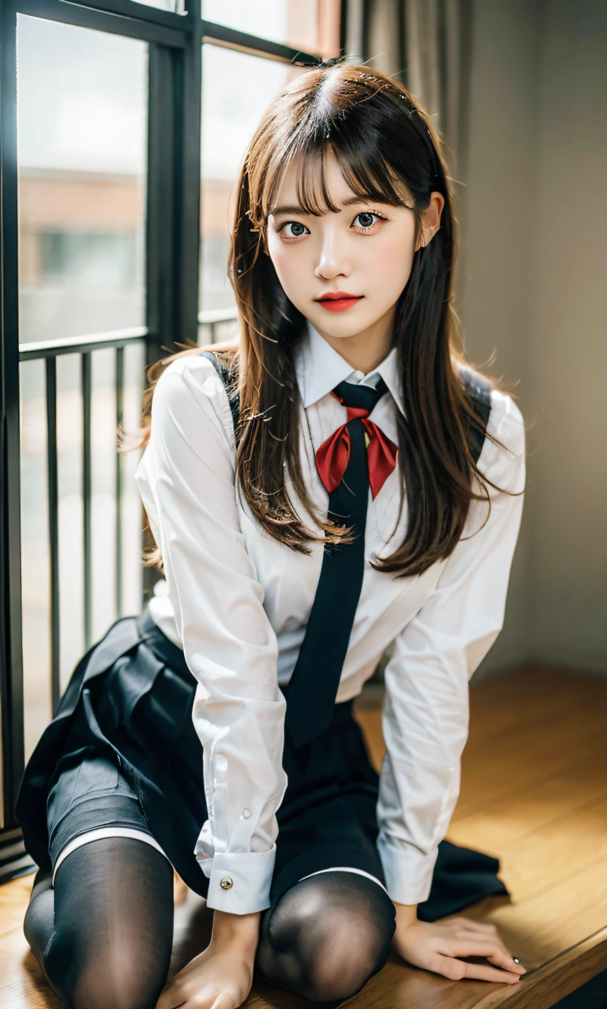 ulzzang-6500-v1.1, (raw photo:1.2), (photorealistic:1.4), beautiful detailed girl, very detailed eyes and face, beautiful detailed eyes, ridiculous, incredibly ridiculous, huge file size, super detailed, high resolution, very detailed, best quality, masterpiece, kemomimi, ((Japanese girls' high school uniform)), illustration, very detailed, CG, unified, 8k wallpaper, amazing, Fine details, masterpiece, best quality, very detailed CG uniform 8k wallpaper, light on face, cinematic lighting, 1girl, 16 years old, ((no panties)), ((dynamic pose))), (camel toe), (half), (pantyhose), (knee-bending leg sitting))