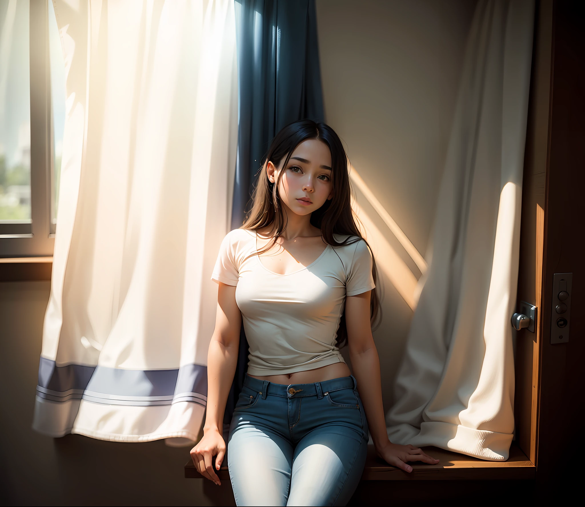 Obra maestra, mejor calidad, Arafed Woman sitting on a windowsill in front of a curtain, She is approximately , Imagen de cuerpo entero, 11 years oldrop of natural light, standing in a dimly lit room, She is about 11 years old, She is aboold,remera manga corta, pan, full body photogenic shot, pose casual