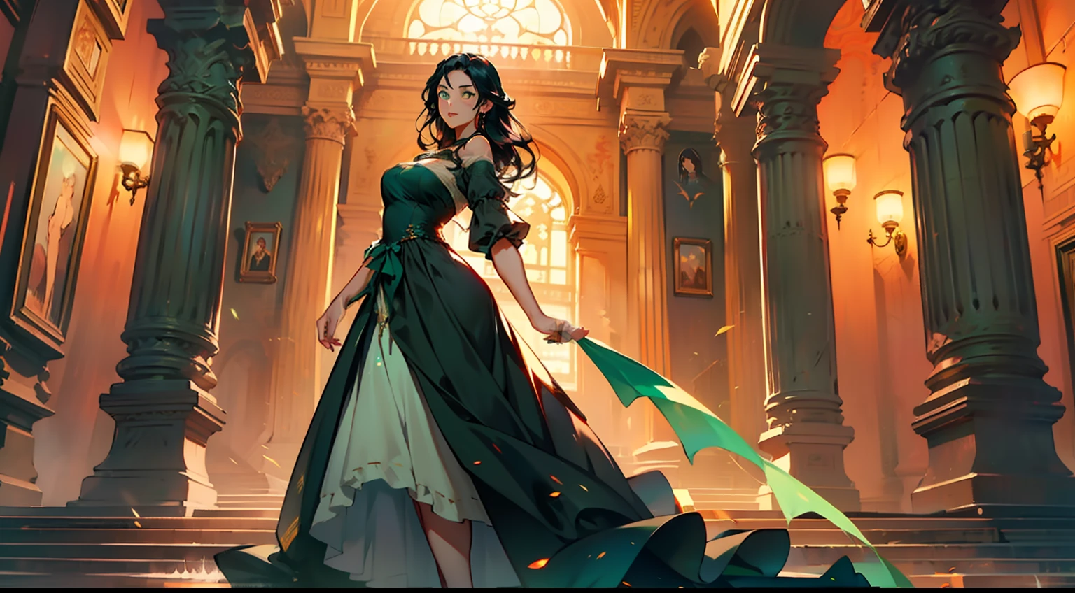 Kizi, ((green eyes)), ((Long black hair), green dress with white gauze, the young woman is graceful and dignified ,Outstanding temperament