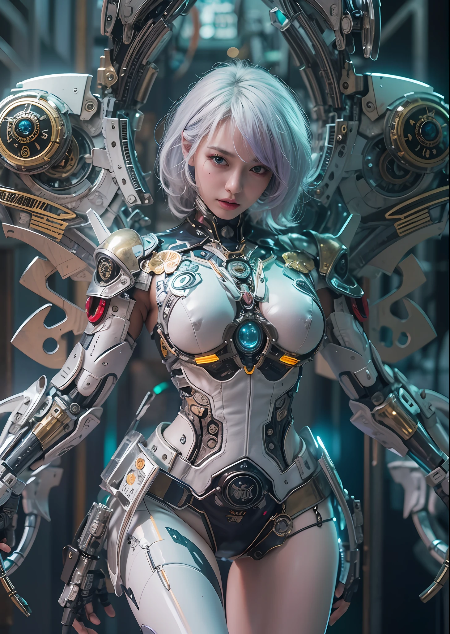 top-quality、​masterpiece、超A high resolution、(Photorealsitic:1.4)、Raw photo、Steampunk Battle Cyborg Angel、large wings made of metal、White porcelain body、white  hair、glowy skin、1 Cyborg Girl、((super realistic details))、portlate、globalillumination、Shadow、octan render、8K、ultrasharp、character edge light,Colossal tits、Raw skin is exposed in cleavage、Details of complex ornaments、Acrylic Clear Cover、Sumerian details、Hydraulic cylinder、Small LED lamp、highly intricate detail、Realistic light、a purple eye、radiant eyes、Facing the camera、neon details、cowboy  shot、Futuristic headgear、About Cyberpunk、、