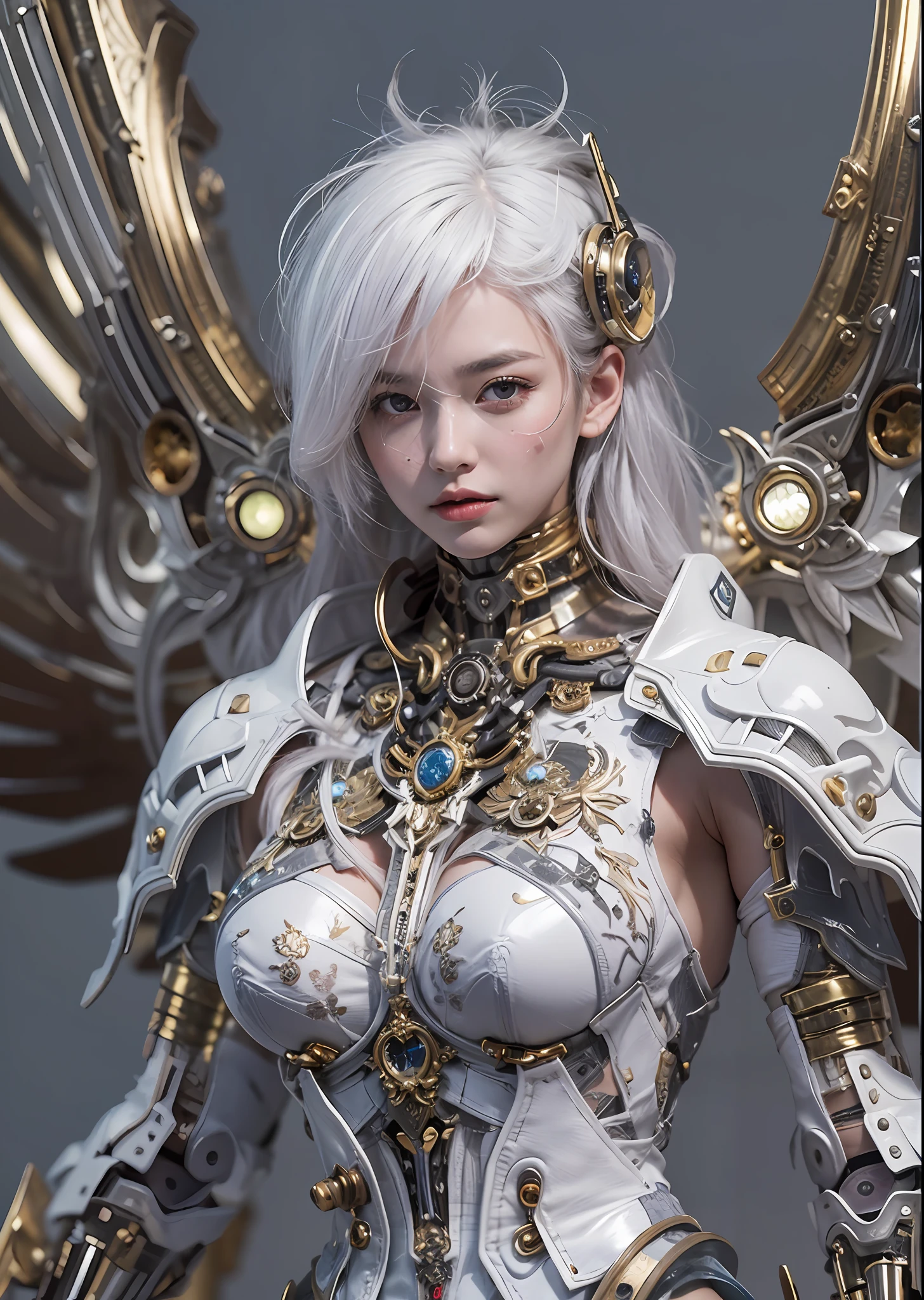 top-quality、masterpiece、超A high resolution、(Photorealsitic:1.4)、Raw photo、Steampunk Battle Cyborg Angel、large wings made of metal、White porcelain body、white hair、glowy skin、1 Cyborg Girl、((super realistic details))、portlate、globalillumination、Shadow、octan render、8K、ultrasharp、character edge light,Colossal tits、Raw skin is exposed in cleavage、Details of complex ornaments、Acrylic Clear Cover、Sumerian details、Hydraulic cylinder、Small LED lamp、highly intricate detail、Realistic light、a purple eye、radiant eyes、Facing the camera、neon details、cowboy shot、Futuristic headgear、About Cyberpunk、、