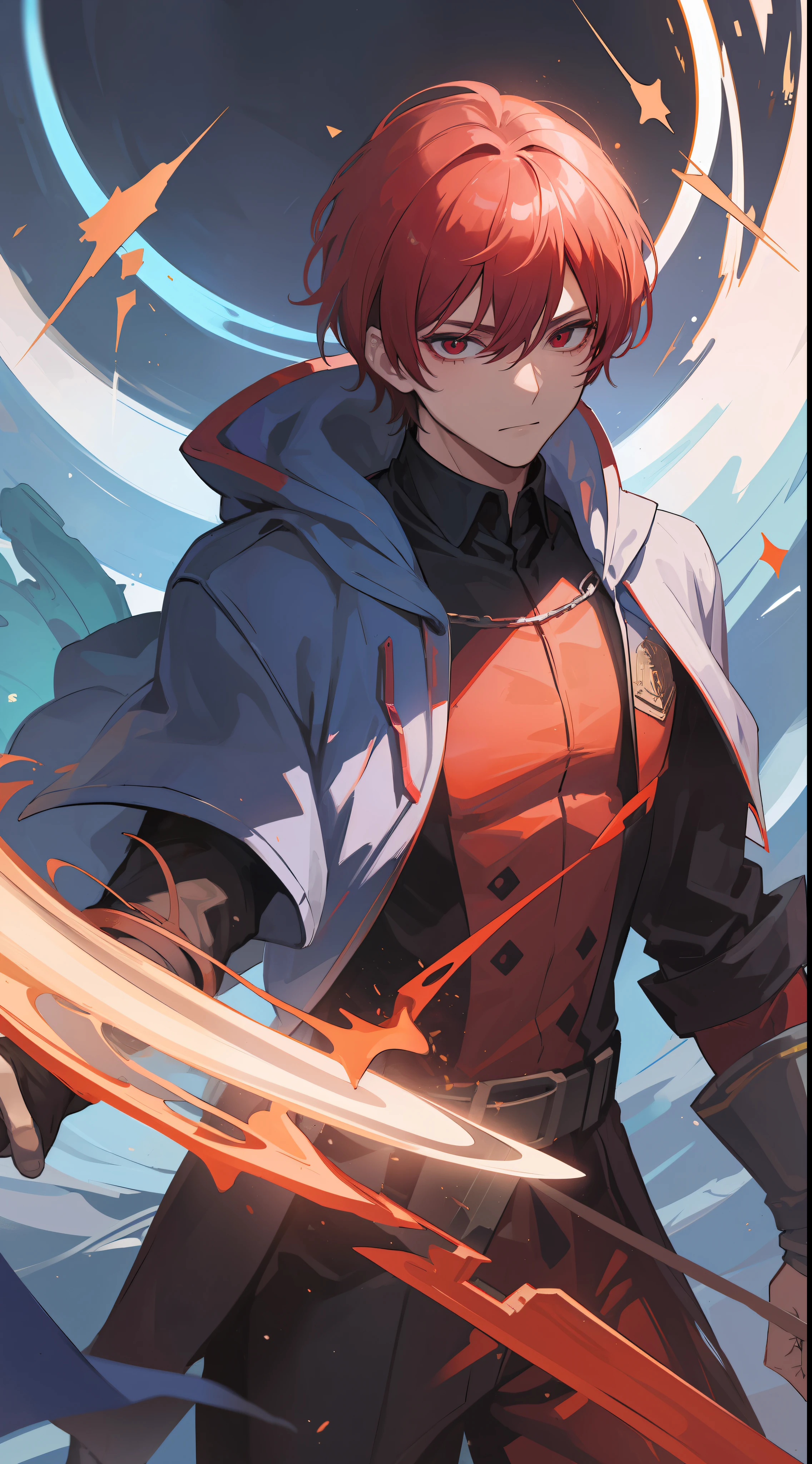 1mysterious man, sharp red eyes, light-blue short hair and he was wearing the hero robes, he is the Hero ((41 year old face))