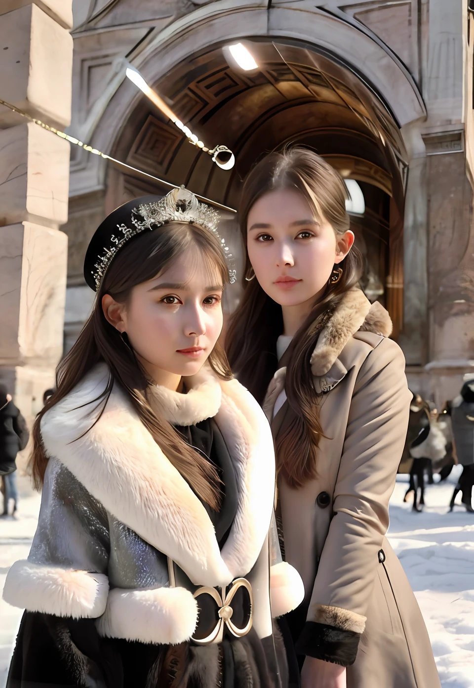 (Positive focus, Original photo), (2girls,duo,navel,Enter the Pantheon in Rome,crowd,winter,Snow),Surrealistic Female Portraits by David Hockney and Alphonse Mucha, Fantasy art,Wear gorgeous furs, (shiny pupils: 1.4, Big eyes: 1.1), Photo fidelity, Dynamic lighting, Art Station, poster for, voluminetric lighting, Very detailed face, 4K, Award-winning, Shadows, understated, (official outfit: 1.4, Gorgeous fur, Complex clothing, Furs), Looking at the camera, Bust Up Shot, (Realistic face)),