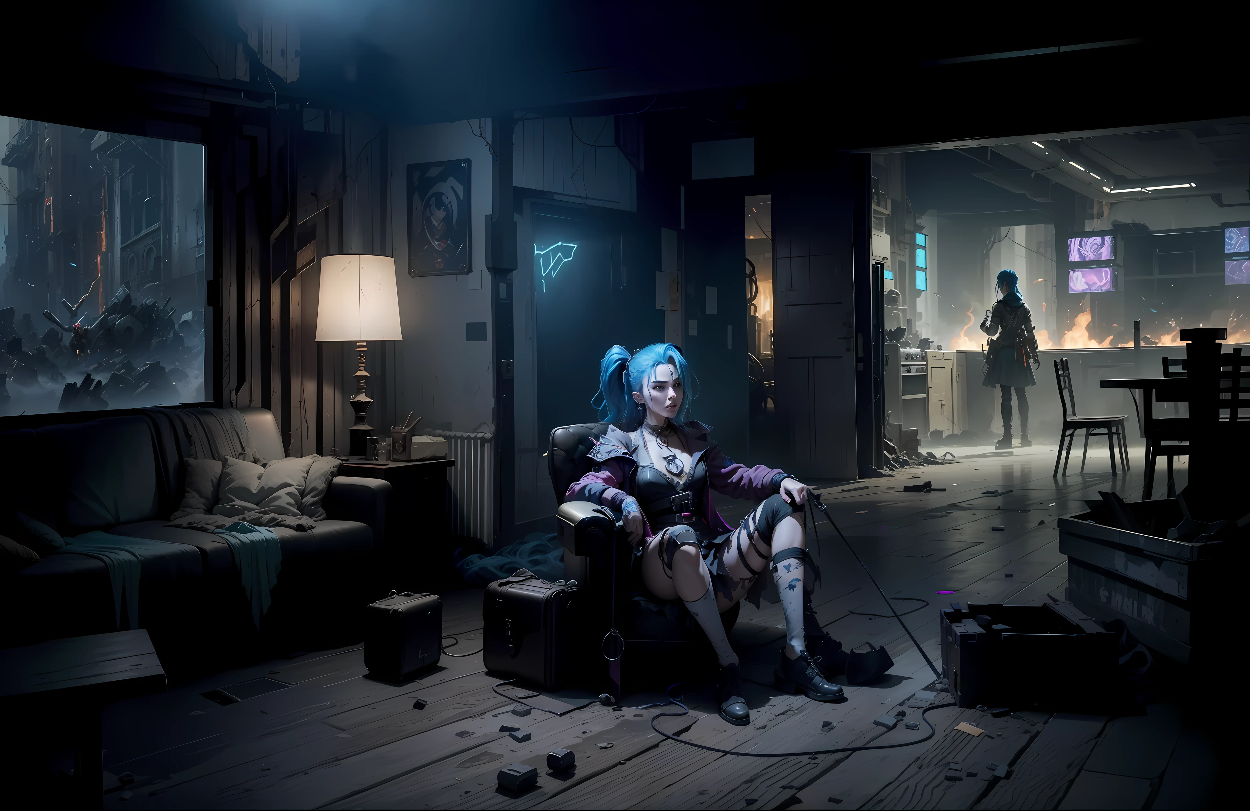 ((Best quality)), ((masterpiece)), (highly detailed:1.3), 3D, arcane style,In the dark and courageous dystopian city of Piltover, plagued by violence and divided into two opposing factions, a young prodigy named Jinx emerges. Having endured unimaginable loss and abandonment, she embraced a life of chaos and destruction. Known for her inventive and explosive abilities, Jinx becomes an icon of rebellion against the oppressive forces that control the city. However, haunted by guilt and battling inner demons, she must confront her past and decide whether to continue on the path of anarchy or seek redemption amid the turmoil. Explore Jinx's journey as she navigates a treacherous world, fighting for survival, unlocking secrets, and discovering the true meaning of her twisted existence, chaos reigns supreme, and at the center of it all is Jinx, the embodiment of unpredictability. Delve deep into Jinx's twisted mind, exploring the origins of his madness and the driving force behind his destructive nature. Unravel the moments that shaped her into the crazed, iconic character we know. Take us on a wild journey through the vibrant streets of Piltover and the shadowy suburb of Zaun as Jinx wreaks havoc with his explosive arsenal. Can redemption find its way into Jinx's fractured soul? Or will she dance forever on the edge of sanity, embracing the chaos that fuels her very existence? Arcane's fate hangs in the balance as Jinx's path intertwines with unlikely allies and formidable enemies. Ignite your imagination and paint a vivid portrait of Jinx's distorted psyche, capturing the essence of her madness and the indomitable spirit that defines it, HDR (High Dynamic Range), Ray Tracing, NVIDIA RTX, Super-Resolution, Unreal 5, Subsurface Scattering, PBR Texturing, Post-processing, Anisotropic Filtering, Depth of Field, Maximum Clarity and Sharpness, Multit Textures