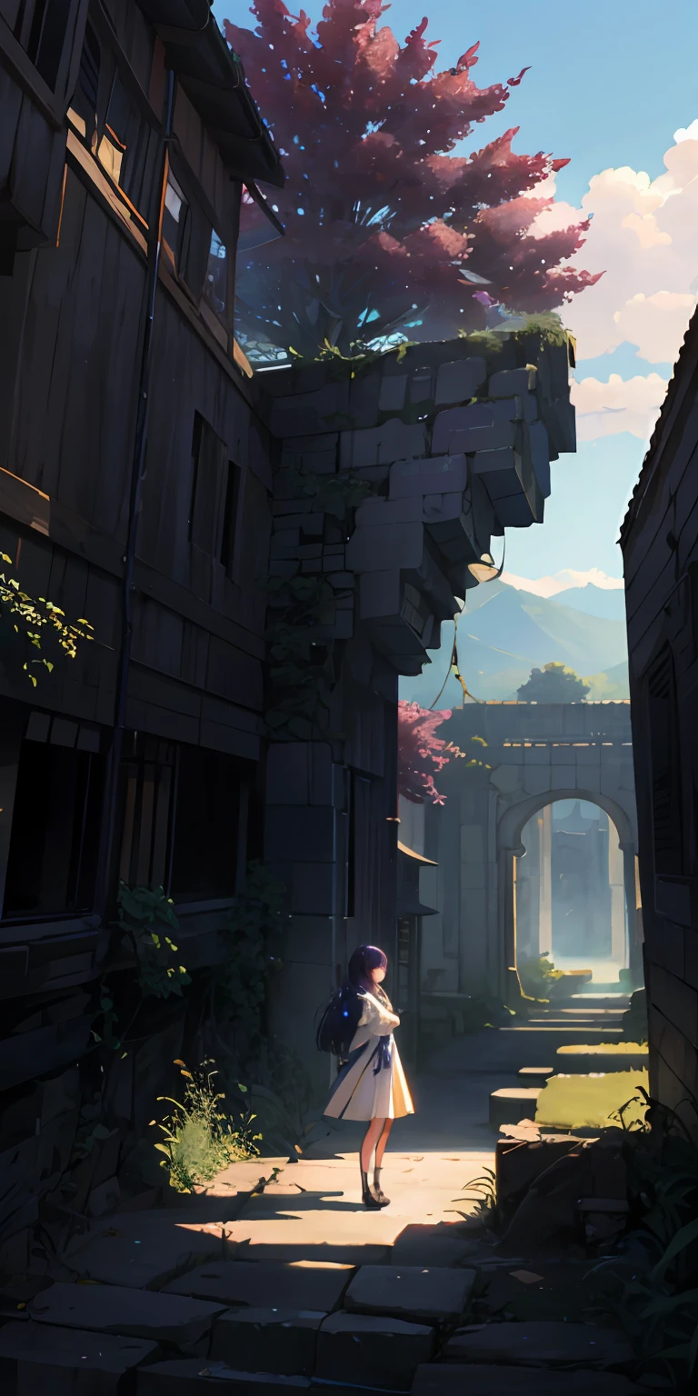 Vast landscape photos、A beautiful girl standing in the background of a ruined city、motor bikes、Buildings eroded by nature、naturey、ivy、Giant trees、(Watercolor style:1.2)、A scene from the BREAK story、 art by、(Warm color Light Source:1.2)、Purple and green、intricate detailes、Volume Lighting BREAK (​masterpiece:1.2)、(top-quality)、4k、ultra-detailliert、（The composition of the movement：1.4）、Highly detailed and colorful details（Irridescent color：1.2）、（glowing lighting、Atmospheric illumination）、dream-like、Magical、（独奏：1.2）