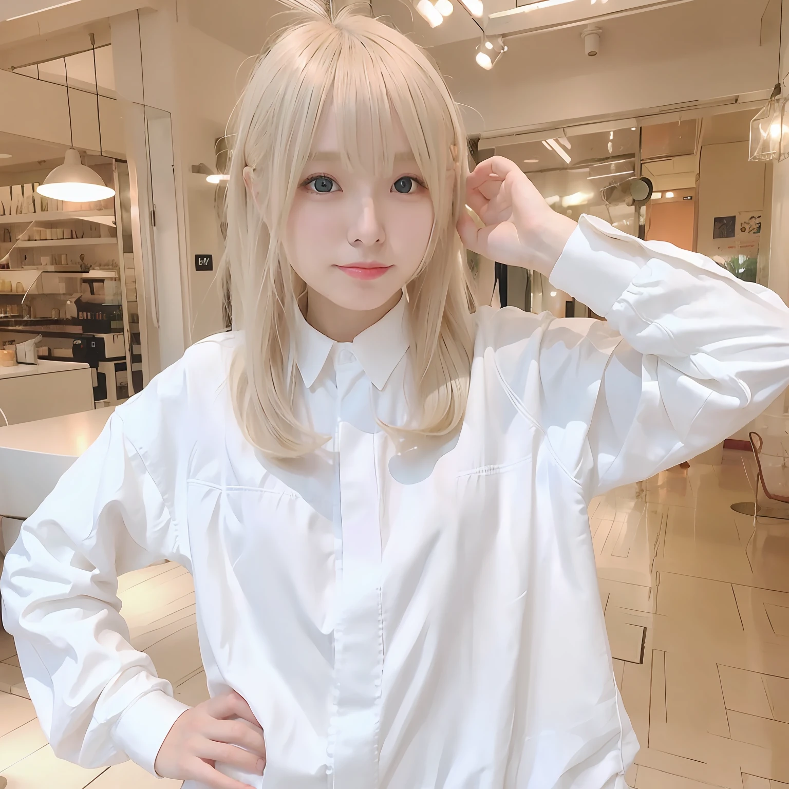 blond haired woman with long hair and white top posing for a picture, white hime cut hairstyle, ulzzangs, long white hair and bangs, 2263539546], shikamimi, sakimichan, with white long hair, real life anime girl, hime-cut, Photo of slim girl, chiho,barechested
