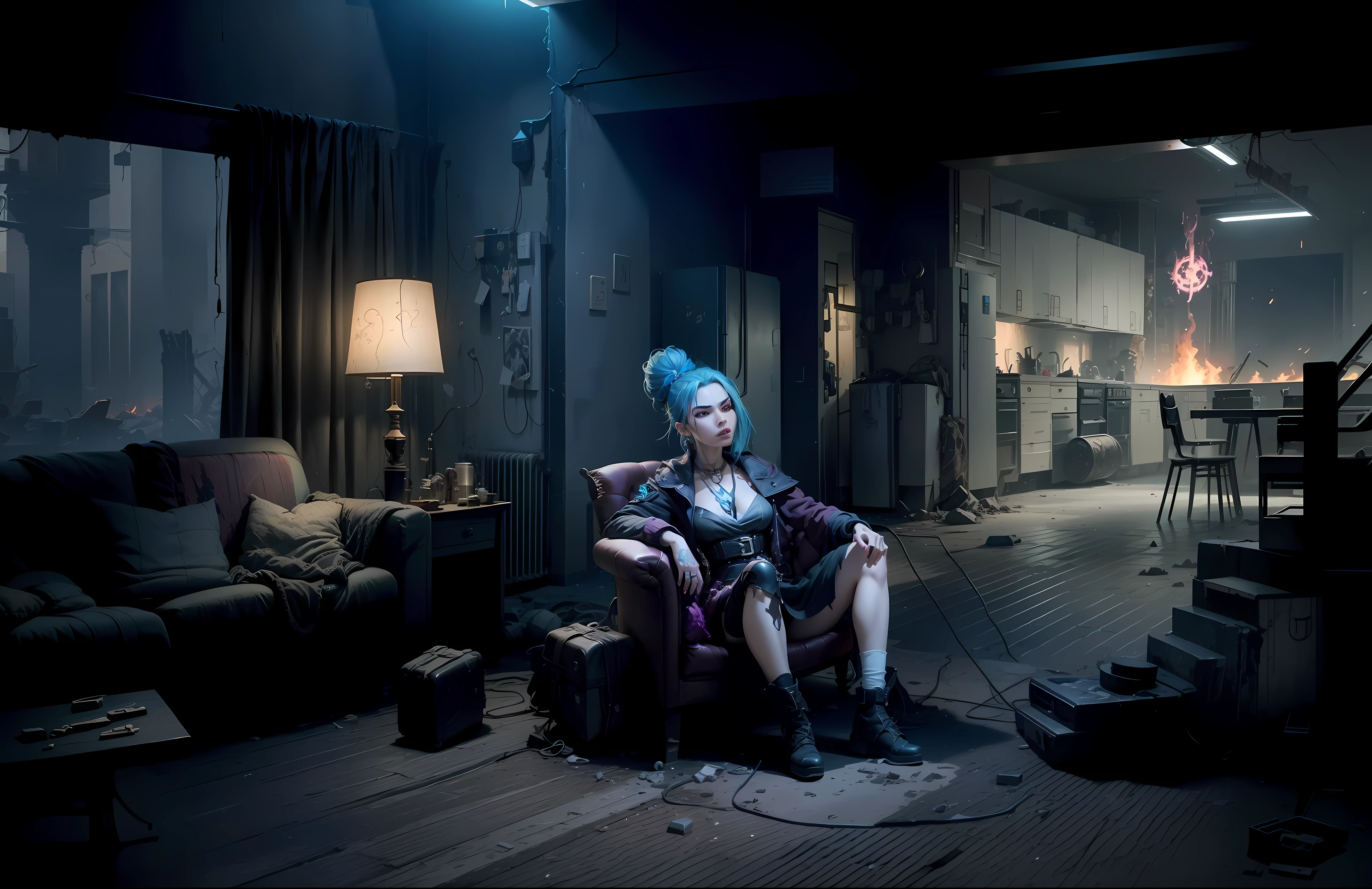 ((Best quality)), ((masterpiece)), (highly detailed:1.3), 3D, arcane style,In the dark and courageous dystopian city of Piltover, plagued by violence and divided into two opposing factions, a young prodigy named Jinx emerges. Having endured unimaginable loss and abandonment, she embraced a life of chaos and destruction. Known for her inventive and explosive abilities, Jinx becomes an icon of rebellion against the oppressive forces that control the city. However, haunted by guilt and battling inner demons, she must confront her past and decide whether to continue on the path of anarchy or seek redemption amid the turmoil. Explore Jinx's journey as she navigates a treacherous world, fighting for survival, unlocking secrets, and discovering the true meaning of her twisted existence, chaos reigns supreme, and at the center of it all is Jinx, the embodiment of unpredictability. Delve deep into Jinx's twisted mind, exploring the origins of his madness and the driving force behind his destructive nature. Unravel the moments that shaped her into the crazed, iconic character we know. Take us on a wild journey through the vibrant streets of Piltover and the shadowy suburb of Zaun as Jinx wreaks havoc with his explosive arsenal. Can redemption find its way into Jinx's fractured soul? Or will she dance forever on the edge of sanity, embracing the chaos that fuels her very existence? Arcane's fate hangs in the balance as Jinx's path intertwines with unlikely allies and formidable enemies. Ignite your imagination and paint a vivid portrait of Jinx's distorted psyche, capturing the essence of her madness and the indomitable spirit that defines it, HDR (High Dynamic Range), Ray Tracing, NVIDIA RTX, Super-Resolution, Unreal 5, Subsurface Scattering, PBR Texturing, Post-processing, Anisotropic Filtering, Depth of Field, Maximum Clarity and Sharpness, Multit Textures
