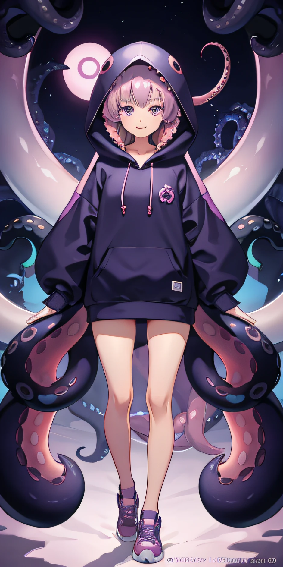 Octopus Girl, squid girl, Tentacles, Purple color palette, sfw, In a hoodie